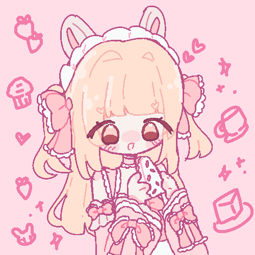 An animated GIF of raspberryspongecake's (on tiktok/discord) character drawn in a pixel style. They are eating a slice of cake.