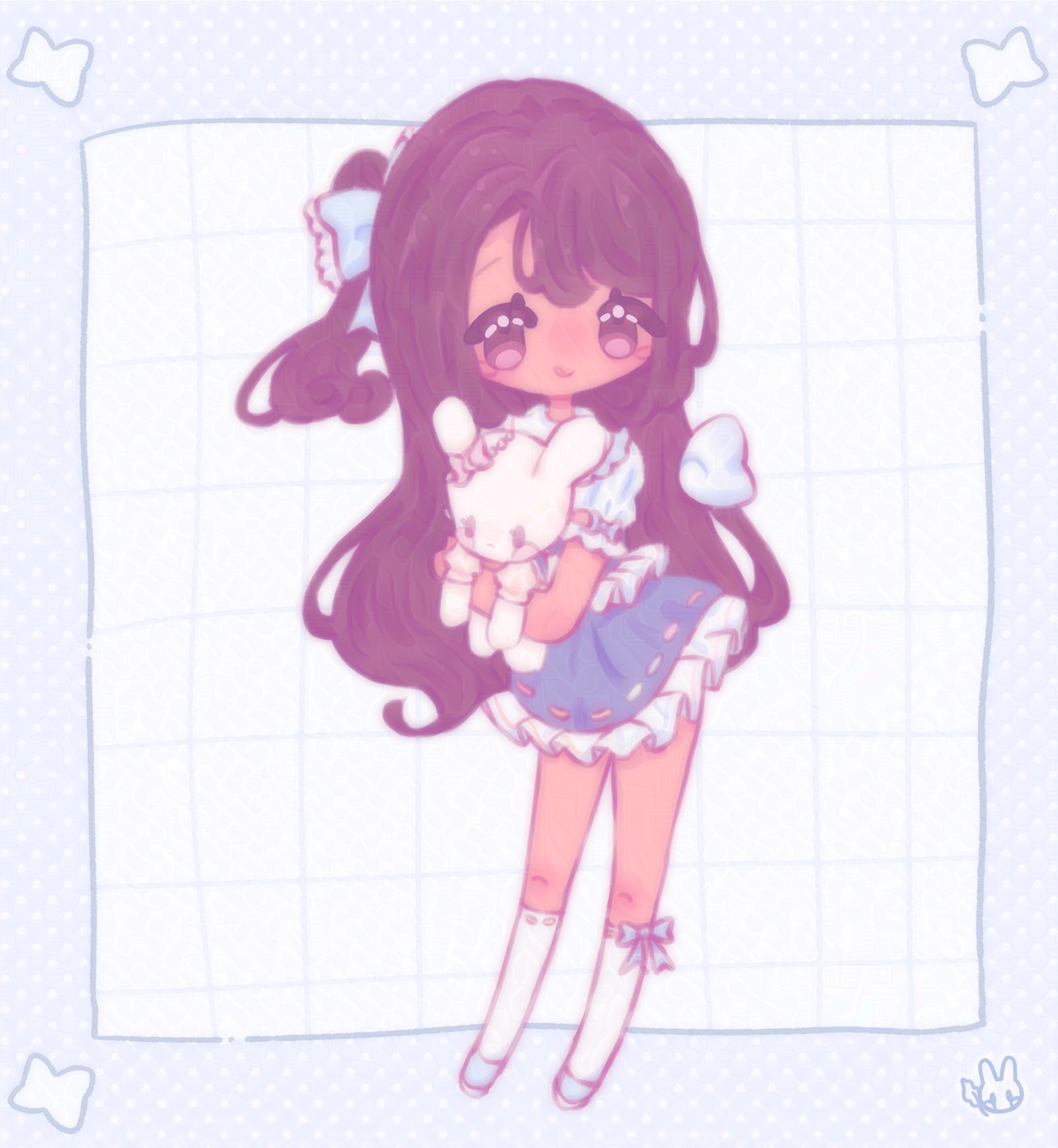 An illustration of my original character drawn in a chibi style. She is holding a bunny stuffed animal.