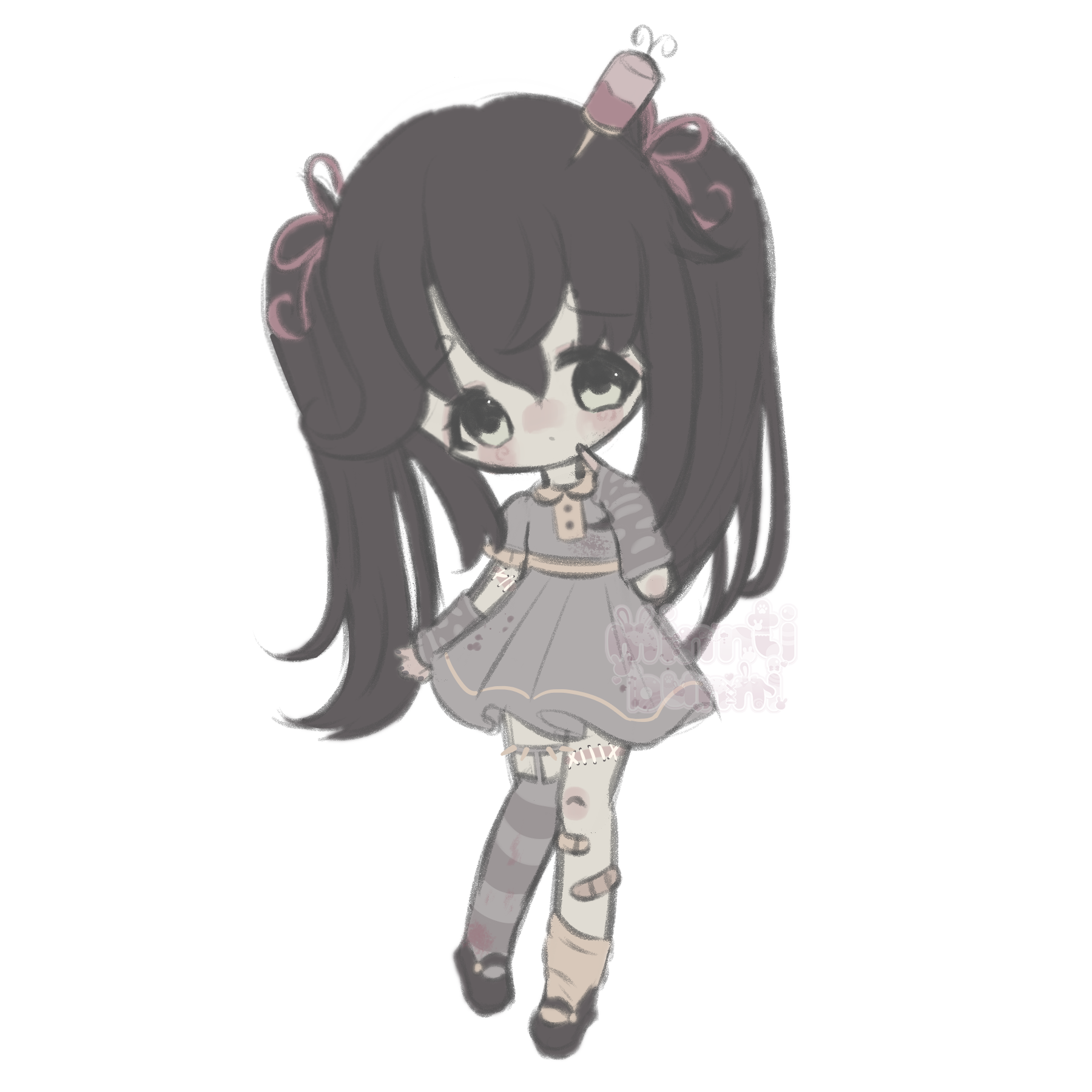 An illustration of babyclown's (on discord) character in chibi form. She has her head tilted and is pointing towards her face with a sad expression.