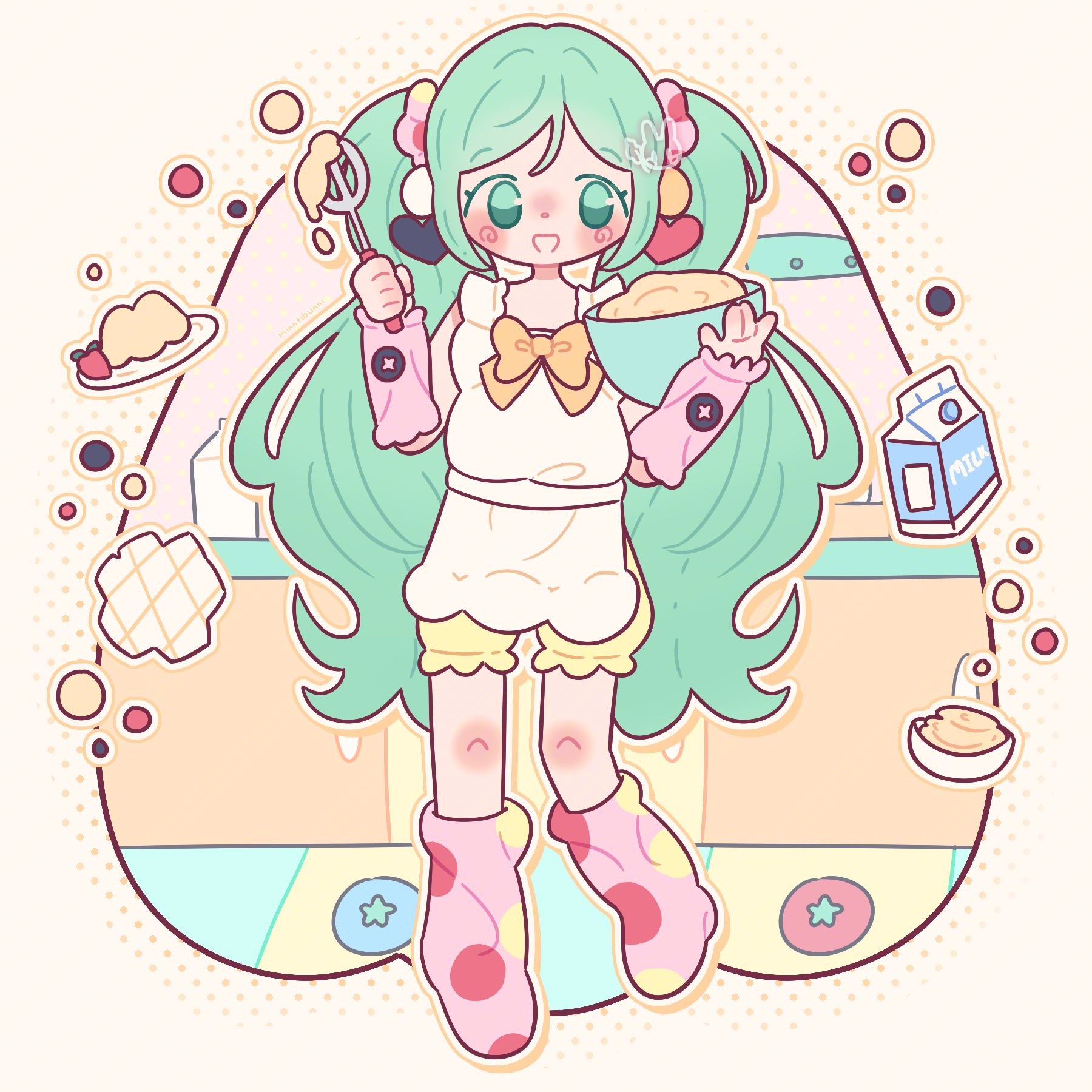 An illustration of the Vocaloid character Hatsune Miku where she has the character design from vocaloid producer's TAK's song 'Bavaroa'. She is holding a whisk and a mixing bowl. She is surrounded by a milk carton, a bowl with custard inside, gelatin and a plate with bavarois on it. Behind her is a kitchen setting.