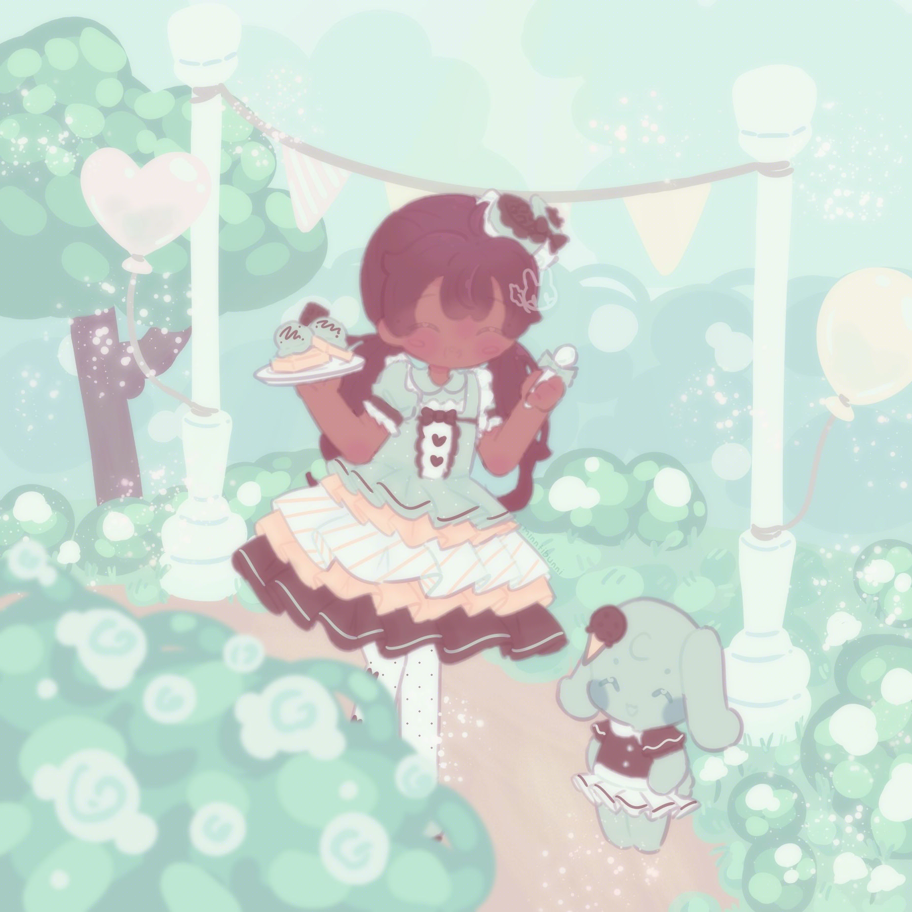 An illustration of the mayor and the mintbunny Minty Milk. The mayor is wearing a mint chocolate lolita inspired outfit and is holding a spoon in one hand and a plate with waffles and mint choco-chip ice cream on the other. She is looking down at Minty Milk and is smiling. Minty Milk has her hands on her hips and is looking up at the mayor proudly. They are in a park with lots of bushes and white flowers and there are balloons behind them.