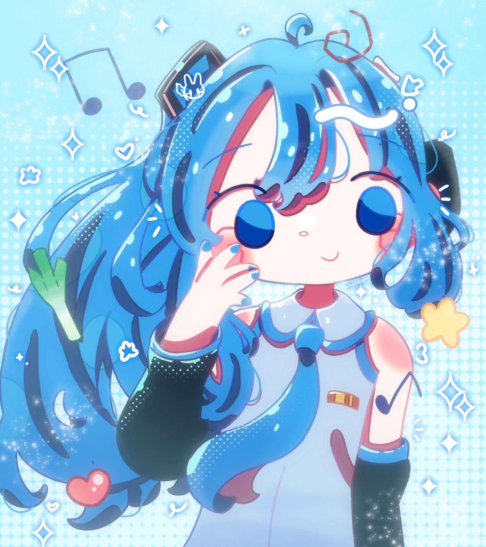 An illustration of the Vocaloid character Hatsune Miku. Her hair is tied into a singular ponytail and she is holding her hand to her face. She is surrounded by a leek, a heart, a star, music notes and a swirly doodle. There are many sparkles and doodles around her.