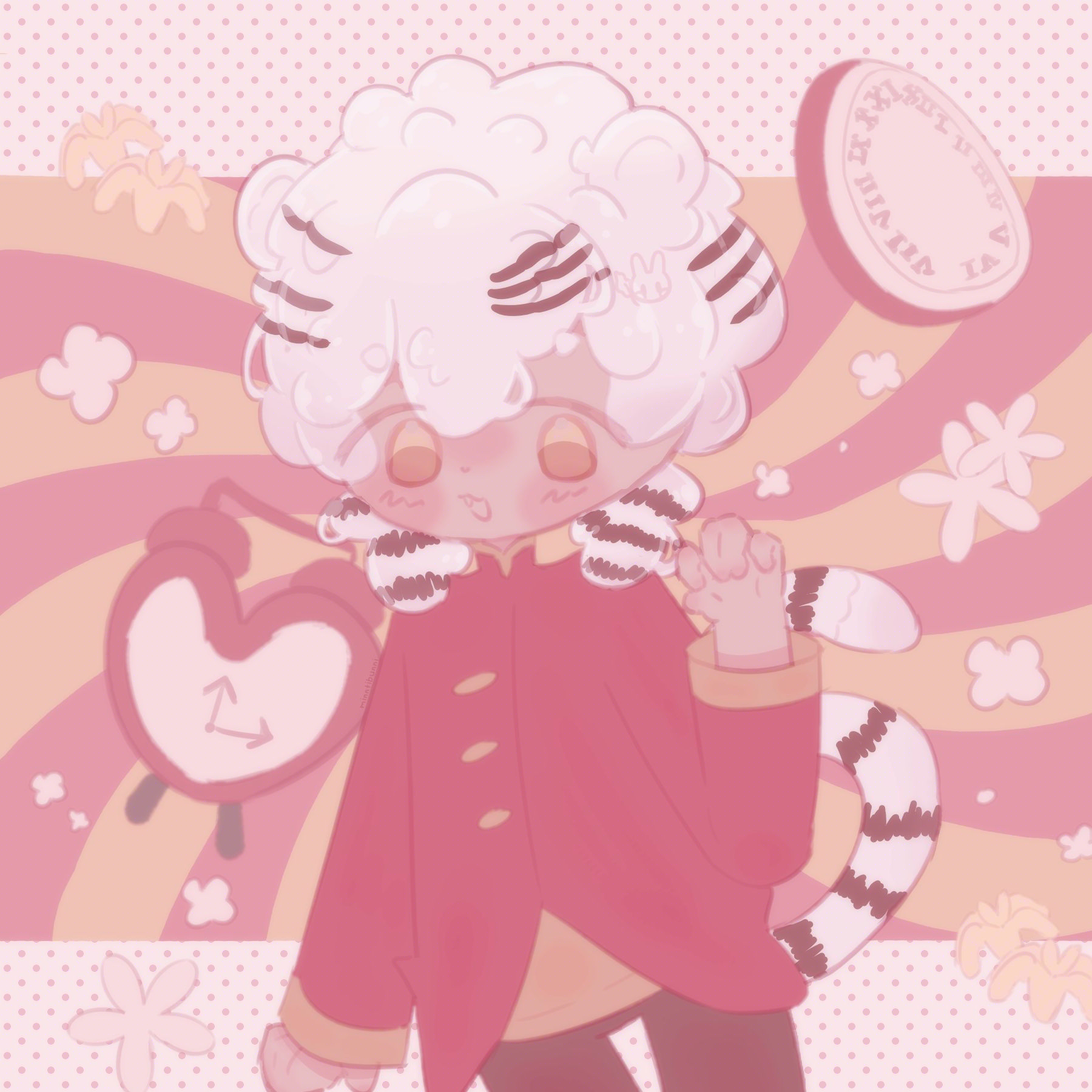 An illustration of darningdarling's (on discord) character. They are holding their hand up in a claw pose and are smiling. Behind them are some flowers and clocks.