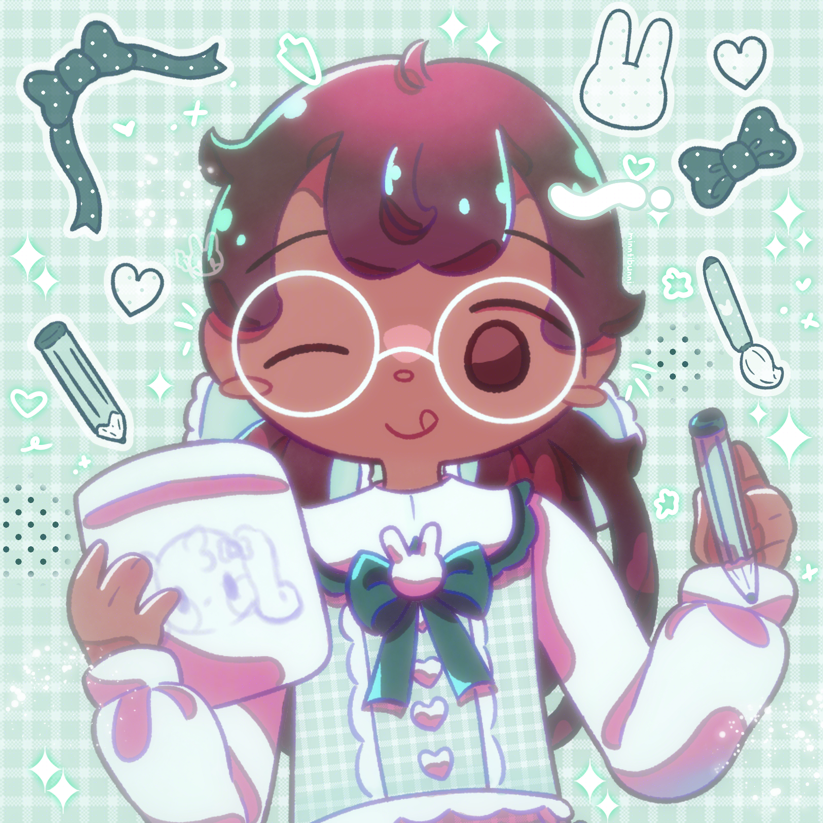 An illustration of the mayor holding a sketch book with Chocola Chip's head sketched onto it and a pencil in her other hand. She is winking and sticking her tongue out. She is surrounded by a pencil, hearts, bows, a bunny icon and a paintbrush. There are many sparkles and doodles around her.