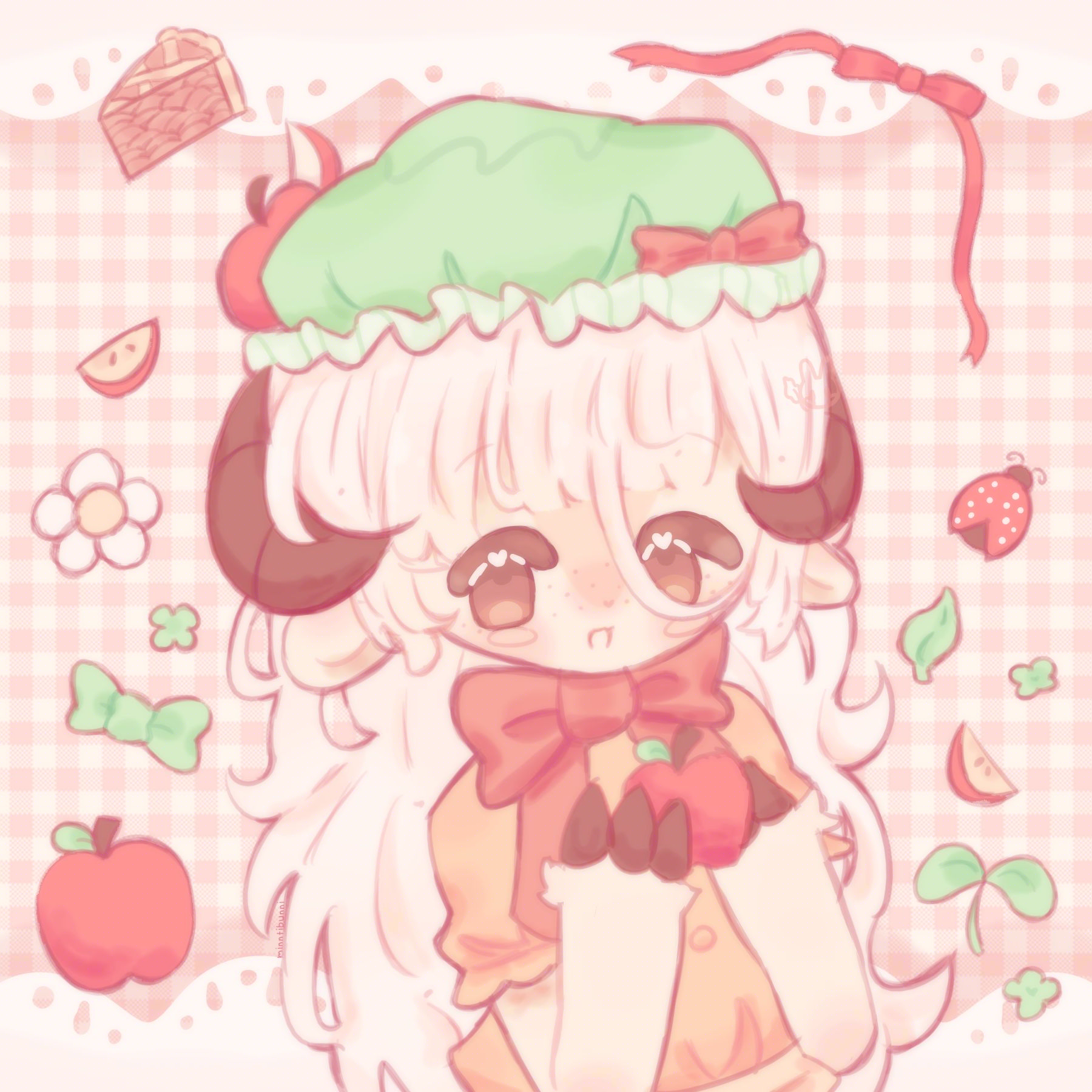 An illustration of an original character owned by an unknown discord user. They are holding an apple and are smiling.