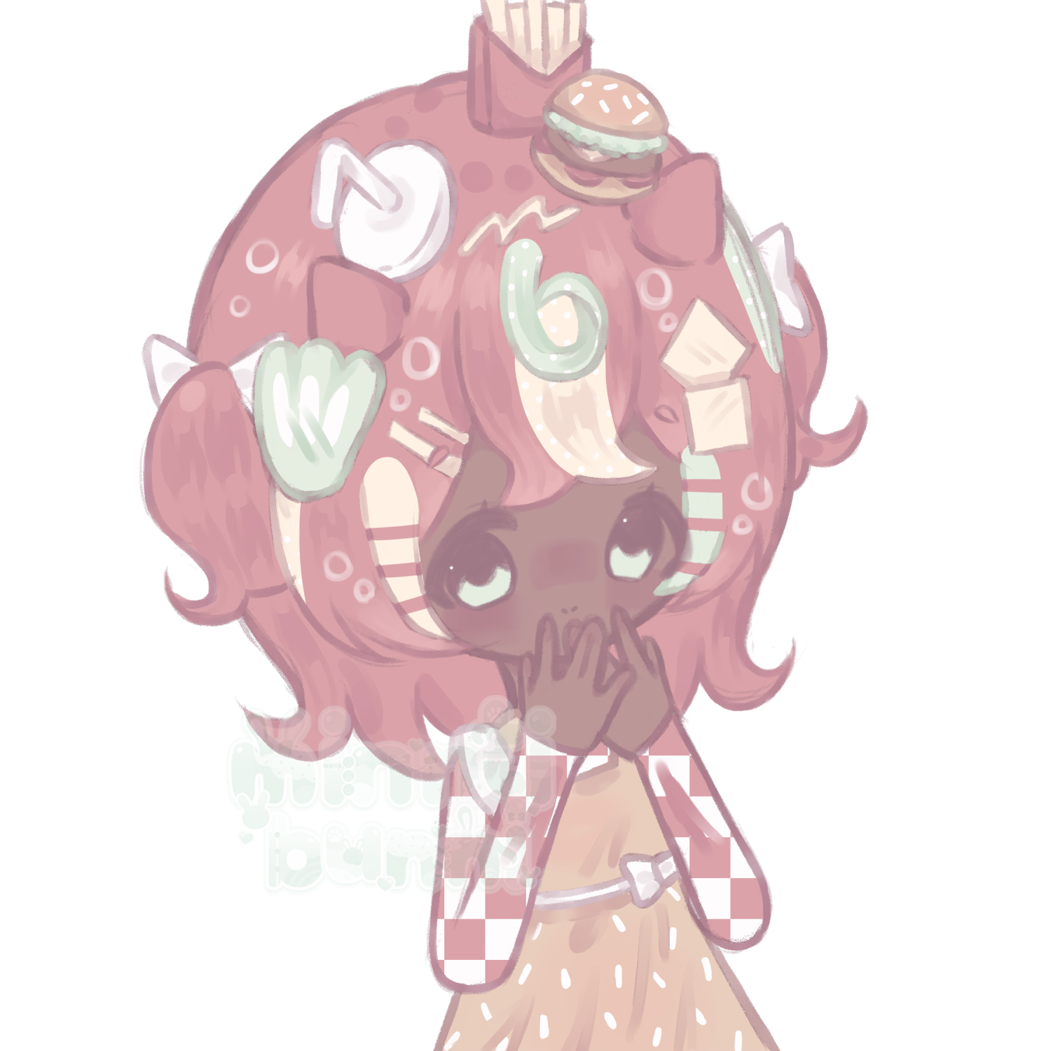 An illustration of my cheeseburger themed original character. She is putting her hands up to her face.