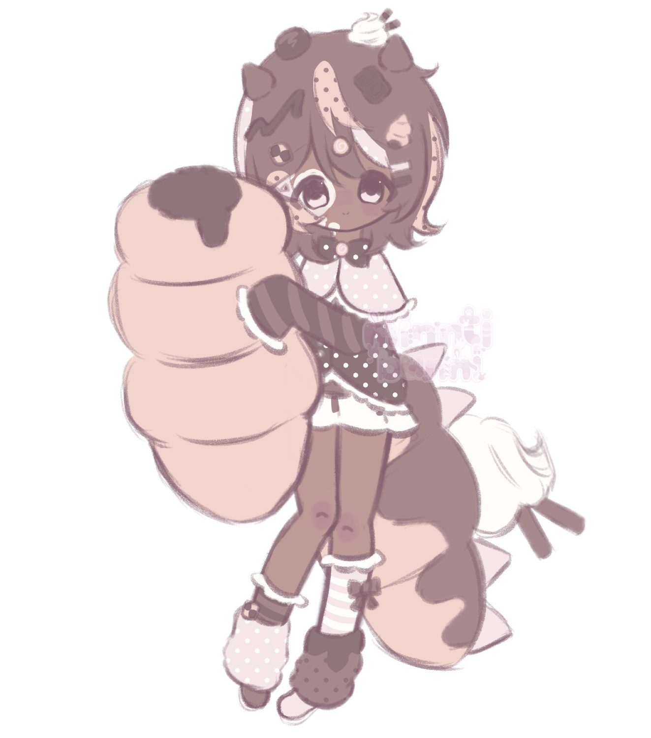 An illustration of my chocolate themed original character. He is holding a large chocolate coronet.