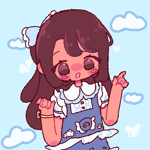 An animated GIF of my original character drawn in a pixel art style. She is smiling and pointing with her hand.