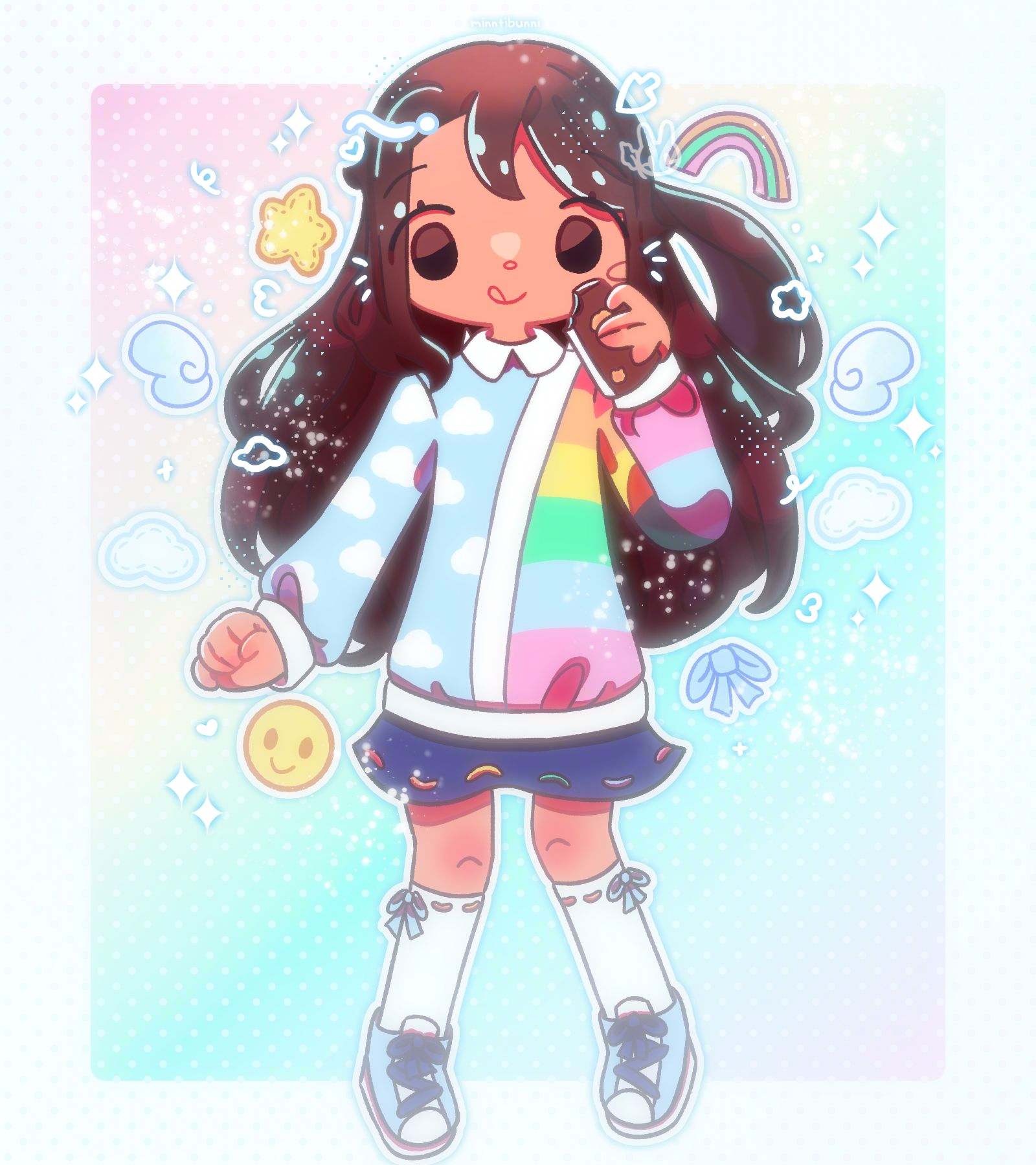 An illustration of a girl wearing a colourful jumper and dress and is eating a nougat. She is surrounded by stars, clouds, angel wings, a rainbow, a bow and a smiley icon. There are many sparkles and doodles around her.