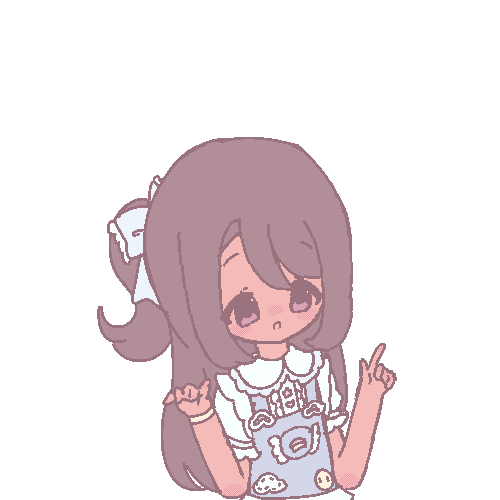 An animated GIF of my original character drawn in a pixel art style. She is smiling and pointing with her hand.