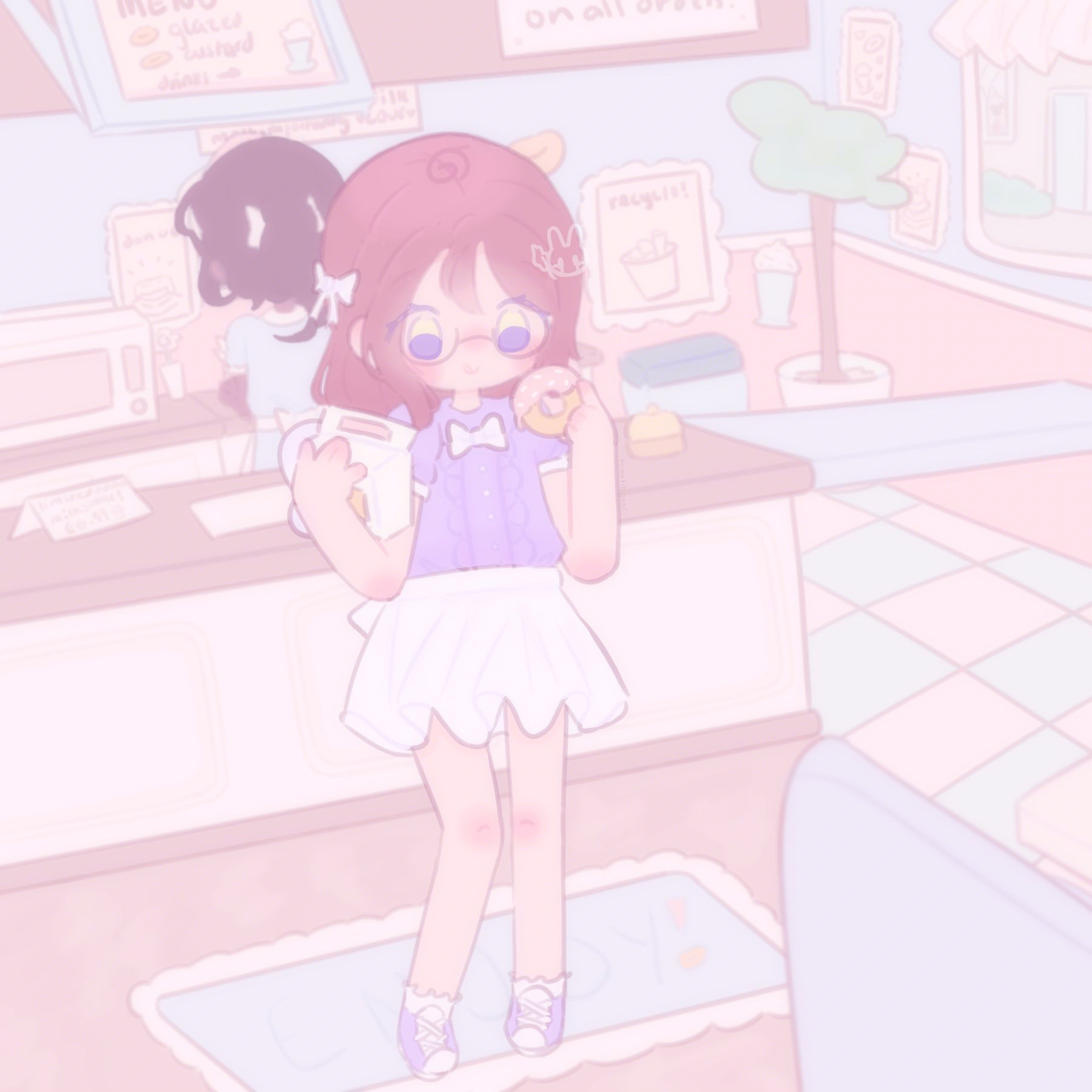 An illustration of my original character. She is standing inside of a donut shop and is holding a donut with pink frosting and white sprinkles. In her other arm, she is holding box with donuts inside. Behind her is a worker behind the till packing some more donuts in another box.
