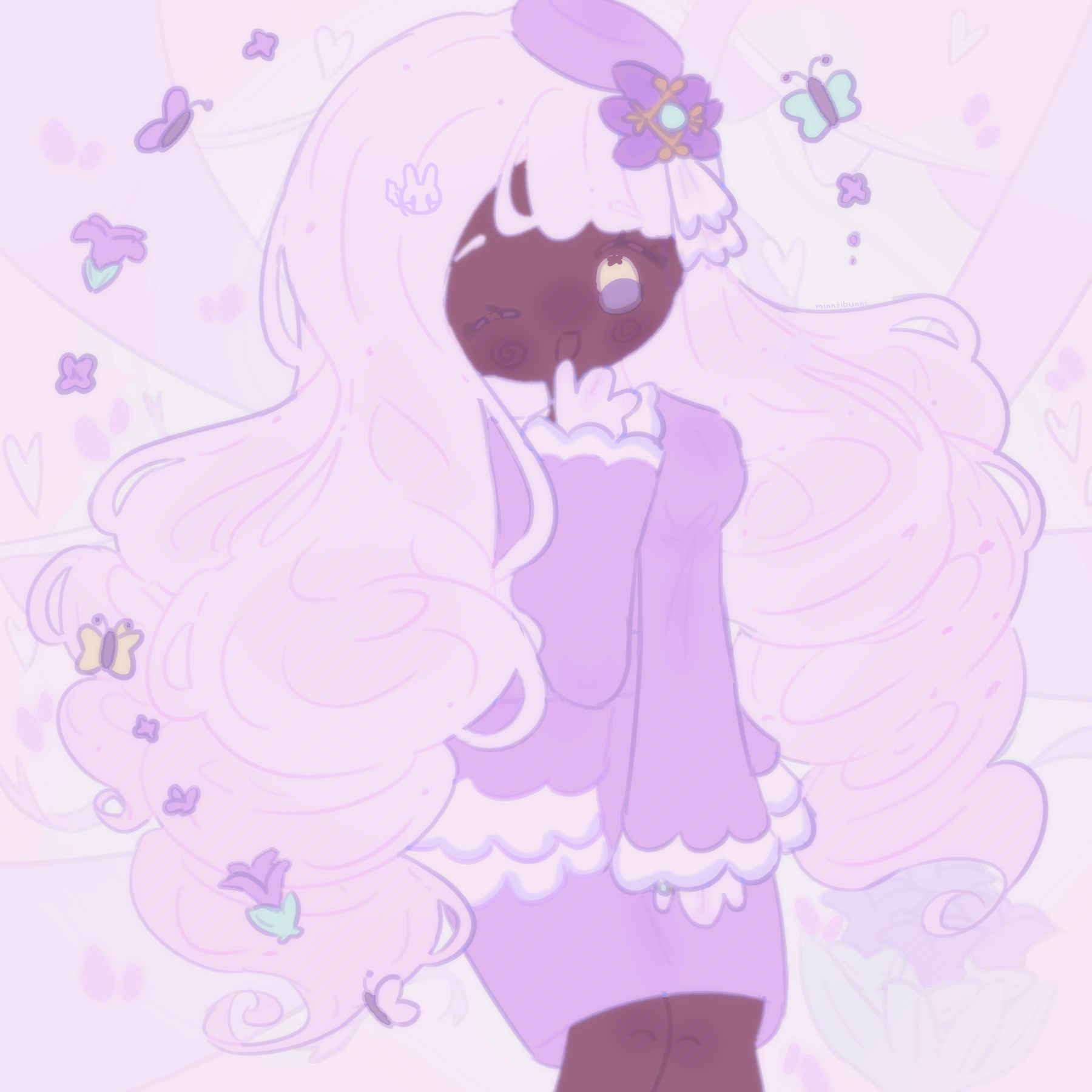 An illustration of the character 'Jacinthe' from the game 'Pokémon Legends: Z-A'. She is holding her hand up to her face and is winking and smiling. There are butterflies and flower petals surrounding her.