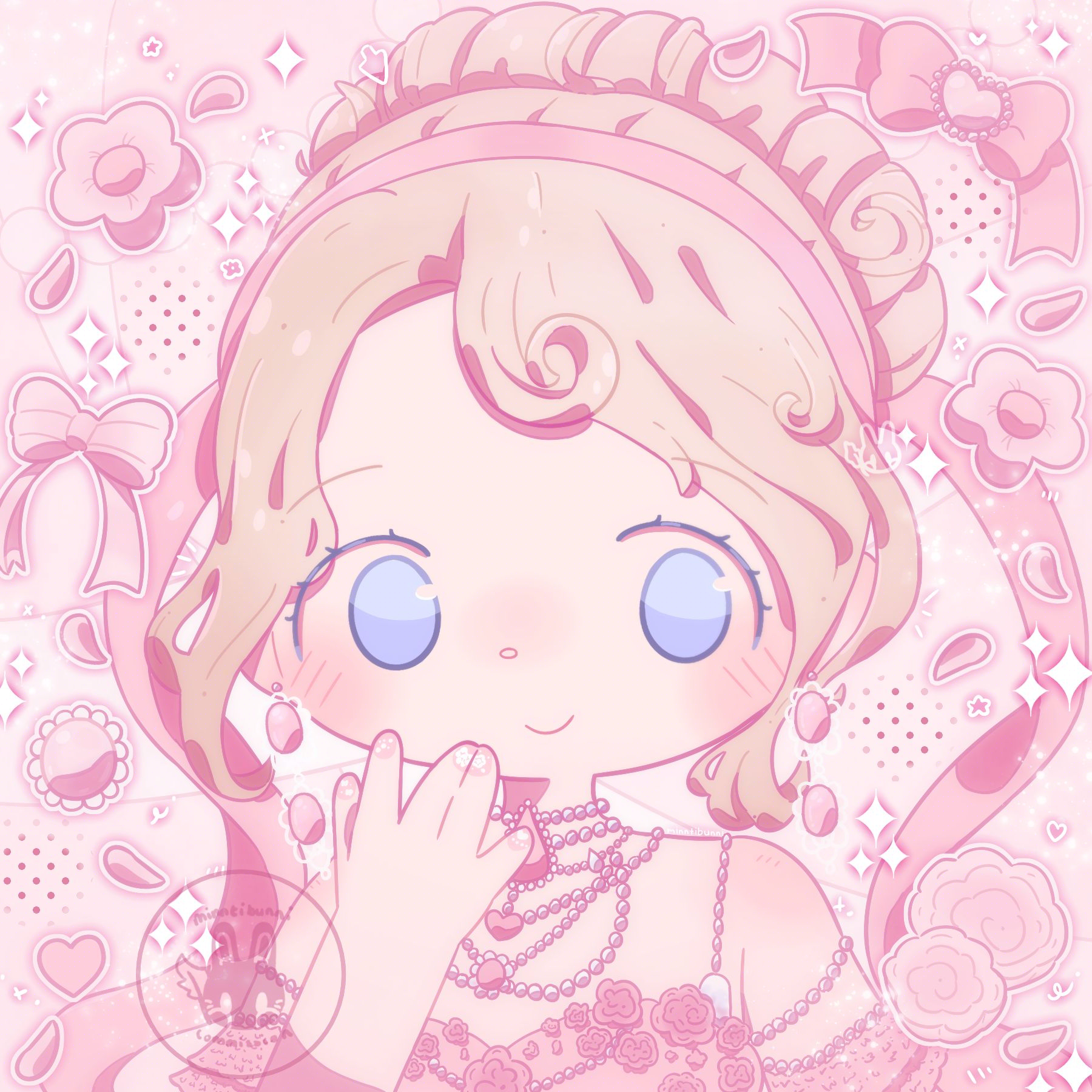 An illustration of a character. They are holding their hand up to their face. They are surrounded by bows, flowers, flower petals and an ornament. There are many sparkles and doodles around them.