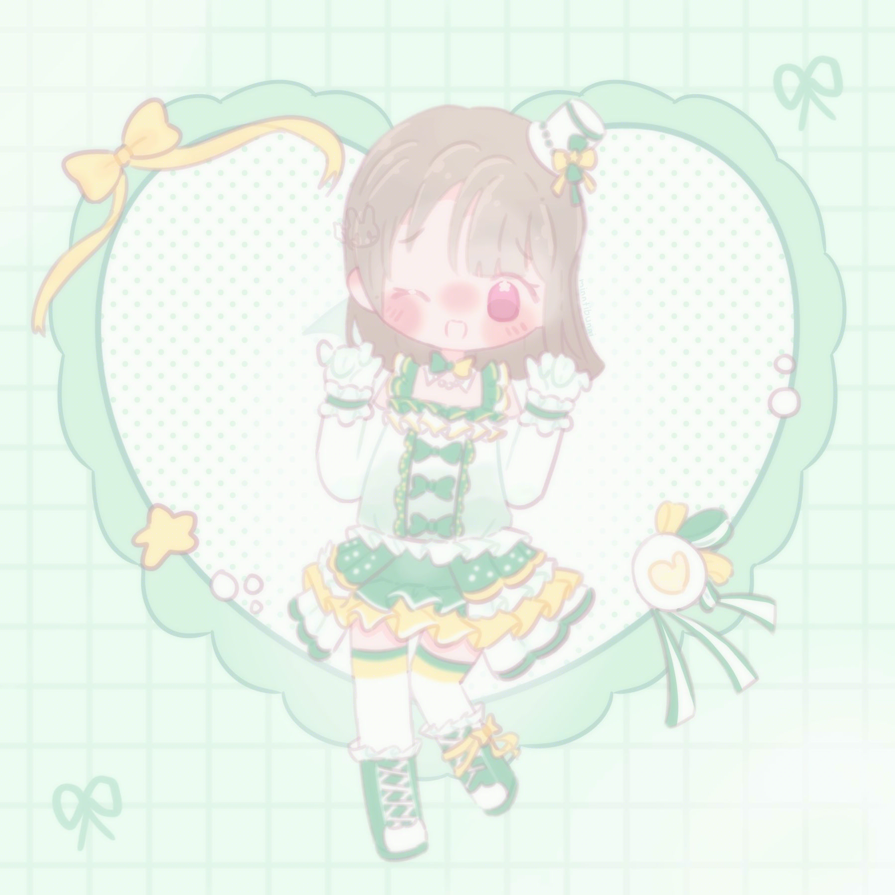 An illustration of the character 'Kasumi Nakasu' from 'Love Live! Nijigasaki High School Idol Club' in chibi form. She is wearing a green idol costume and is smiling with her hands held up. There is a bow, a brooch, sparkles, a star and pearls surrounding her.