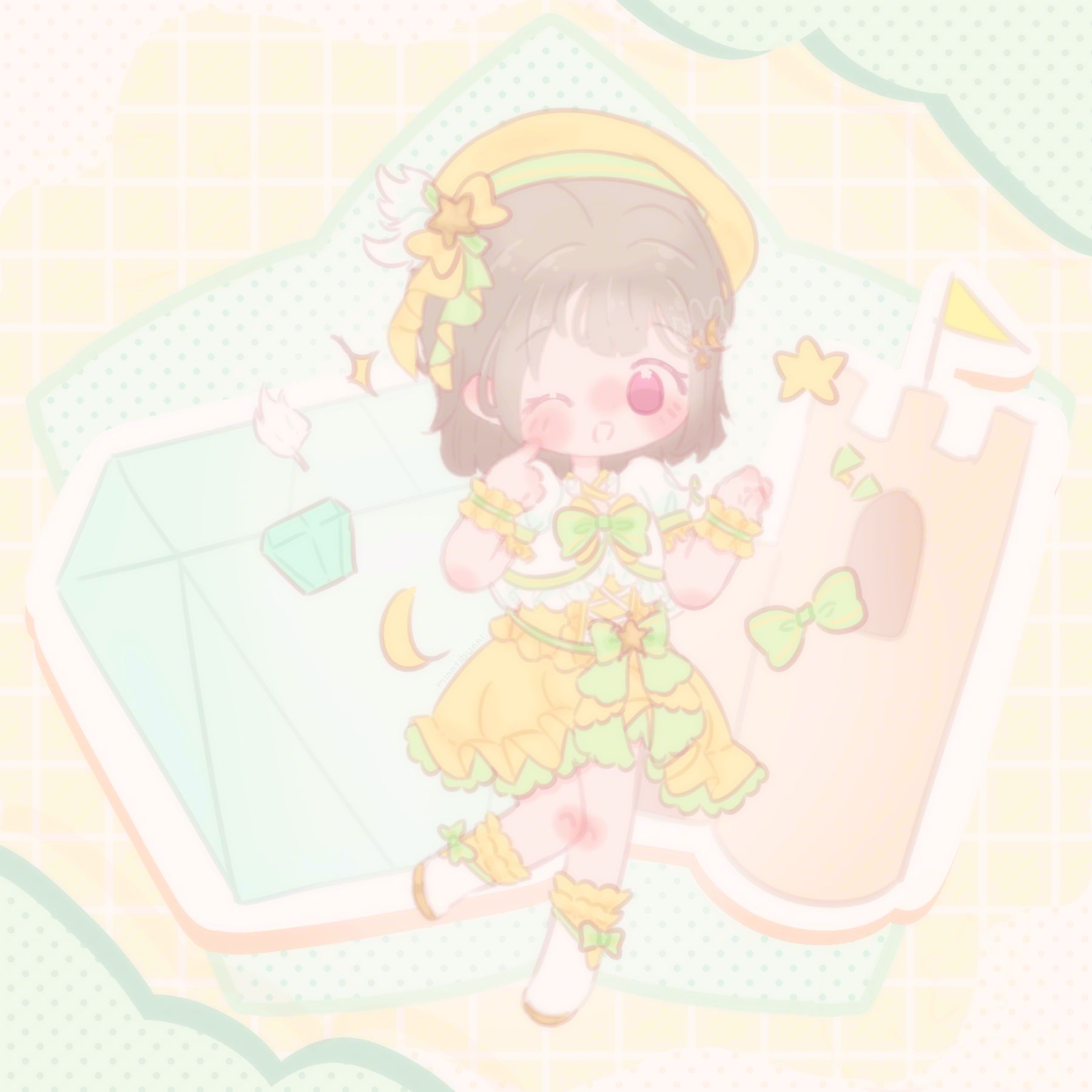 An illustration of the character 'Kasumi Nakasu' from 'Love Live! Nijigasaki High School Idol Club' in chibi form. She is wearing her 'Diamond' outfit and is pointing towards herself while winking. Behind her is a huge diamond and a castle. There is a feather, a bow, a diamond, sparkles, a star and confetti surrounding her.