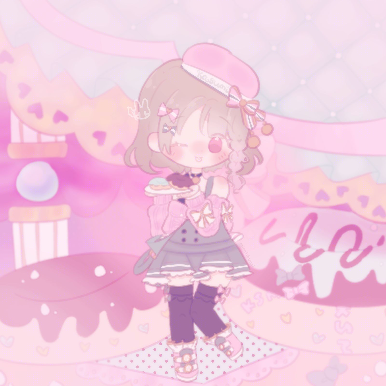 An illustration of the character 'Kasumi Nakasu' from 'Love Live! Nijigasaki High School Idol Club' in chibi form. She is wearing her 'A Sweet Moment' outfit and is holding a plate with donuts on it while sticking her tongue out and winking. Behind her are some large donuts.
