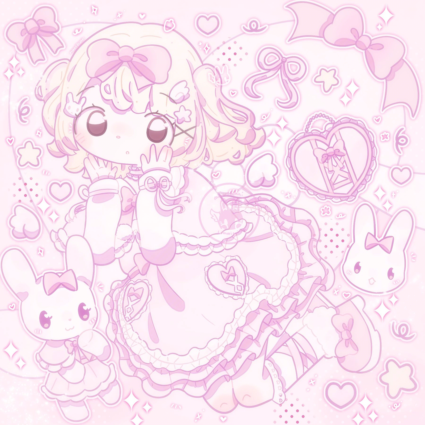 An illustration of a character. They are floating in the air and are holding their hands up to their face. There are bags, bows, bunnies, wings, stars and hearts surrounding them. There are many sparkles and doodles around them.