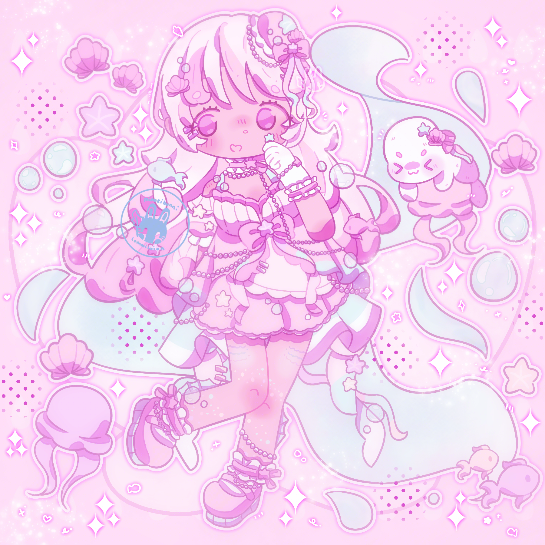 An illustration of a character. They are pointing their hand to their face while smiling. They are surrounded by a seal on a jellyfish, fish, water, bubbles, water droplets, starfish, seashells and more jellyfish. There are many sparkles and doodles around them.