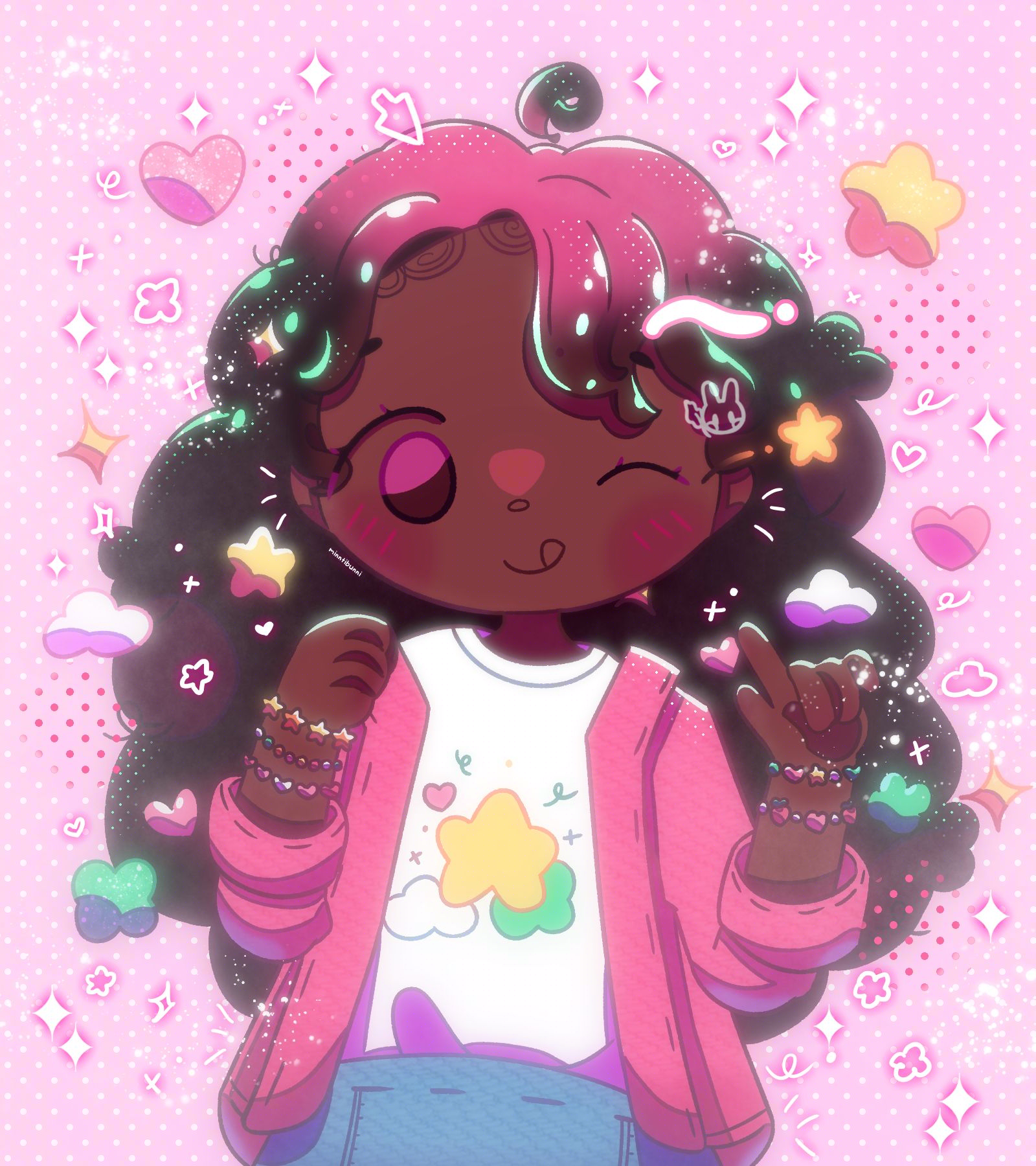 An illustration of a girl who has a large and long afro with charms clipped inside. She is pointing to herself and winking. There are stars, clouds, hearts, sparkles and plants surrounding her. There are many sparkles and doodles around her.