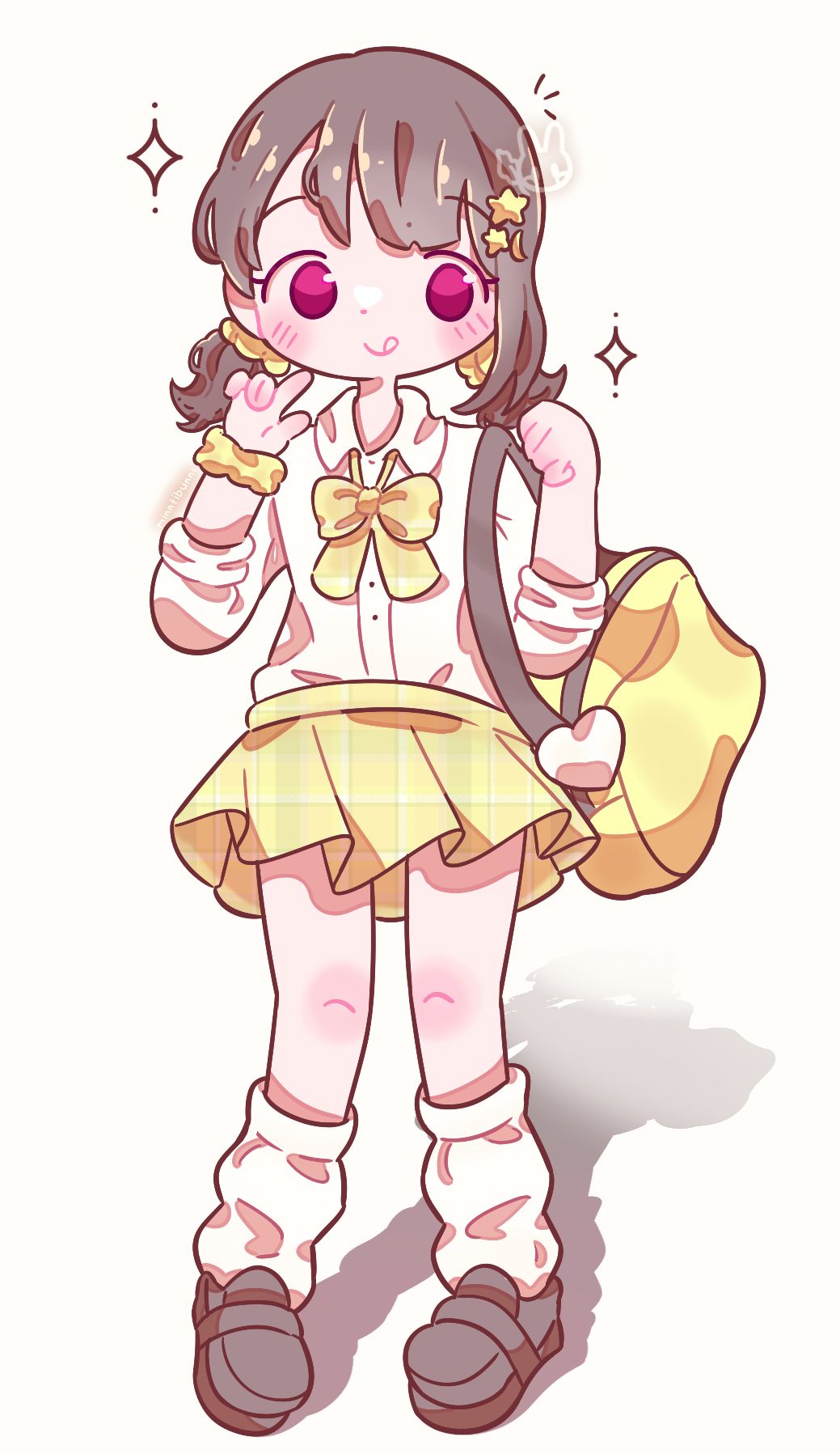 An illustration of the character 'Kasumi Nakasu' from 'Love Live! Nijigasaki High School Idol Club' wearing a school uniform in the 'gal' Japanese fashion style. She is pointing to her face and sticking her tongue out.