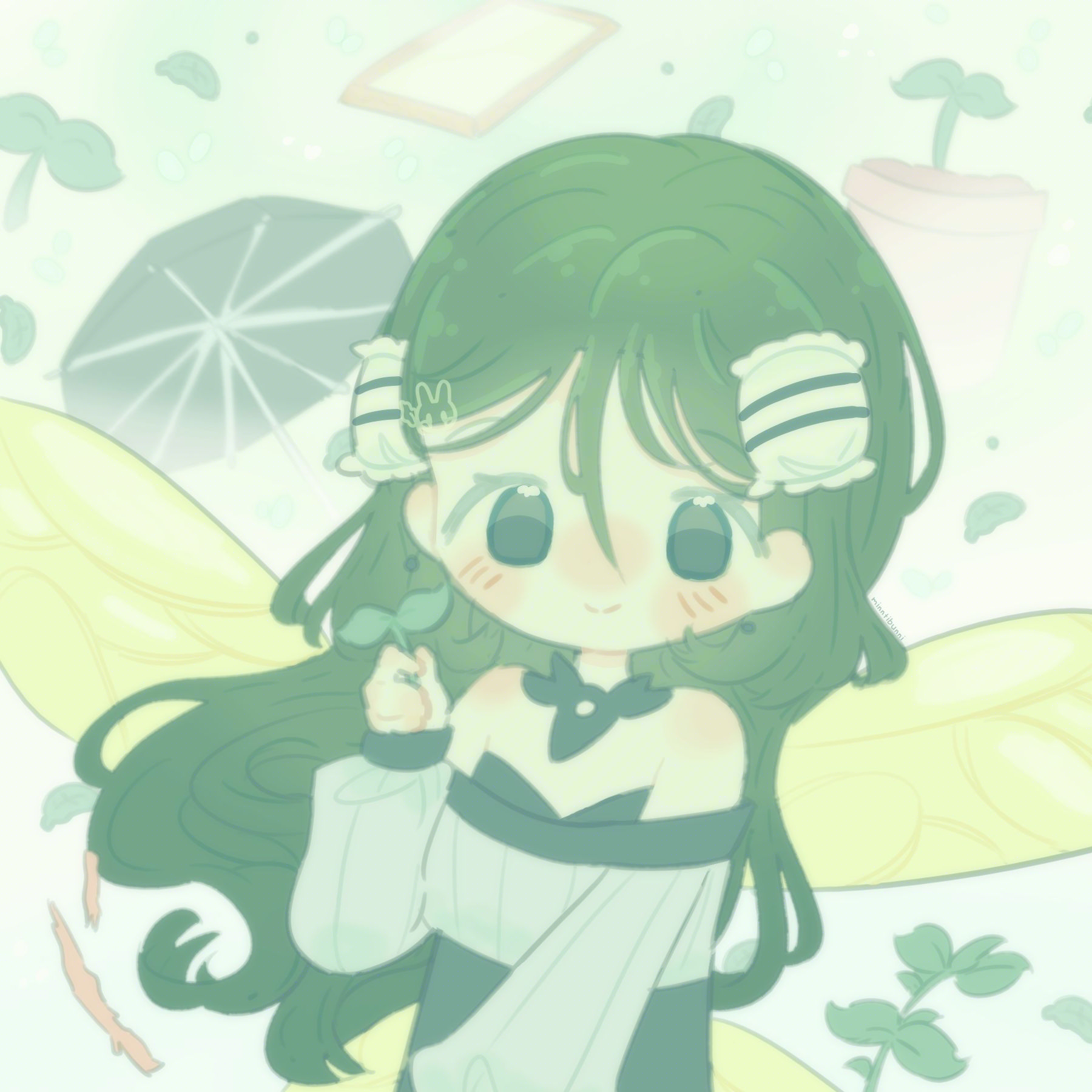 An illustration of the character from ienu's 'Marblize' music video. They are holding a leaf. There are plants, tree branches and an umbrella surrounding them.