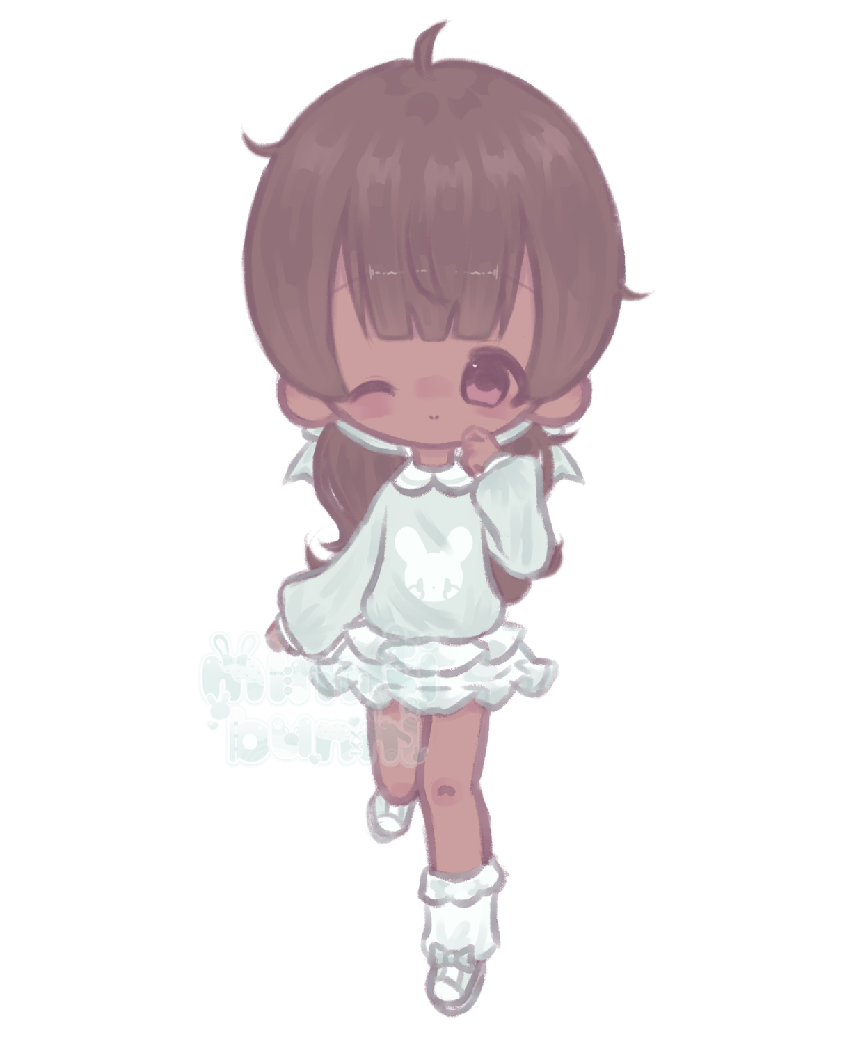 An illustration of the mayor wearing casual kawaii clothing in chibi form. She has her hand up to her face and is winking.
