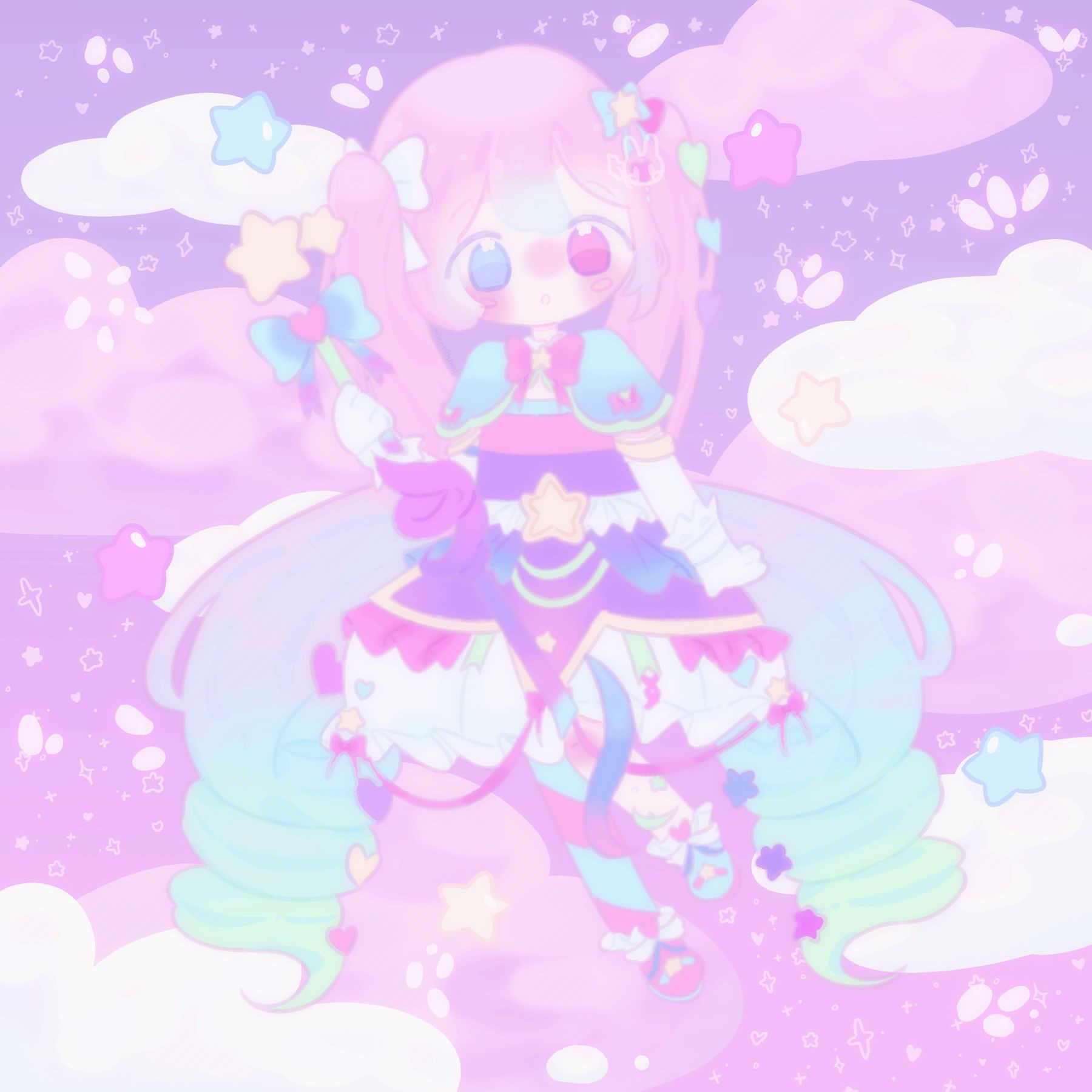 An illustration of mintyus.'s (from discord) character. They are holding their magical staff while looking downwards and are floating in the sky. Behind them are pink and white clouds. They are surrounding by stars.