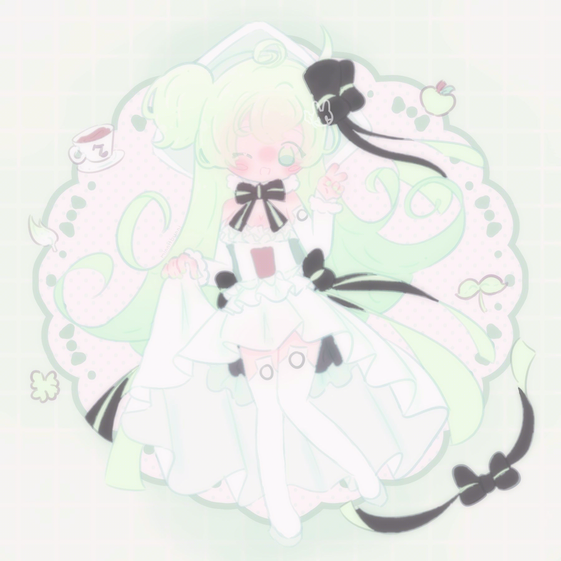 An illustration of the Vocaloid character Macne Nana in her 2S voicebank design. She is winking and smiling. One of her hands is in a peace pose and the other is holding up her skirt. Surrounding her is a bow, an apple, a feather, a cup of tea and plants.