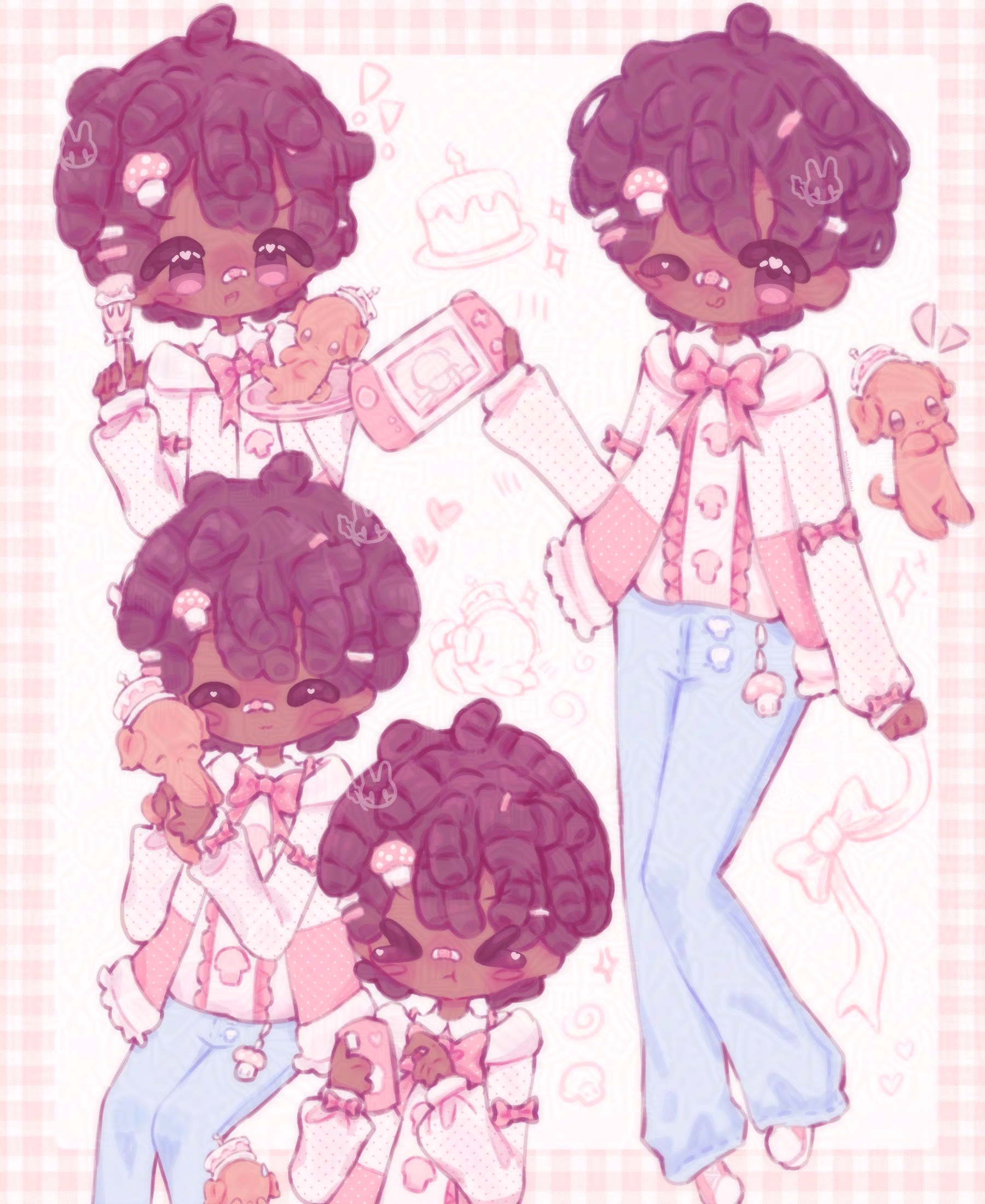 An illustration of my original character. In one of the poses he is holding a handheld console while winking, in another pose he's taking a bite out of his dog's cake hat, in another pose he is cuddling with his dog and in the last pose he is tapping on his phone while making a silly expression. 