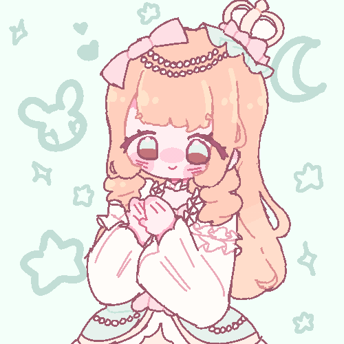 An animated GIF of my original character drawn in a pixel art style. She has her hands held together.