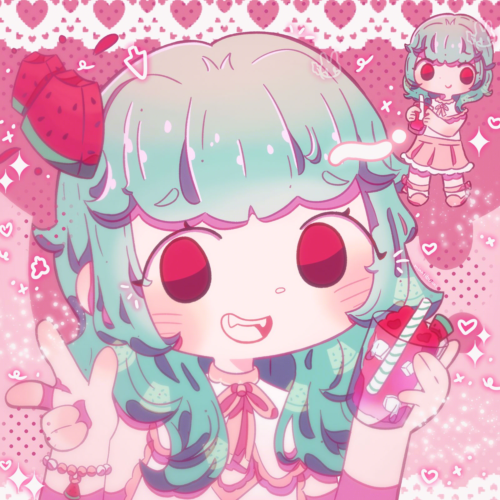 An illustration of a girl holding a watermelon flavoured drink and showing a peace sign to the camera. She is smiling. There are two watermelon slices to the left of her and a chibi version of her to the right, holding another drink. There are many sparkles and doodles around her.