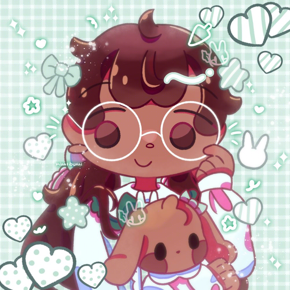 An illustration of the mayor in a casual dress pointing at herself and holding Chocola Chip. She is surrounded by hearts, stars, a bunny icon and a bow. There are many sparkles and doodles around her.