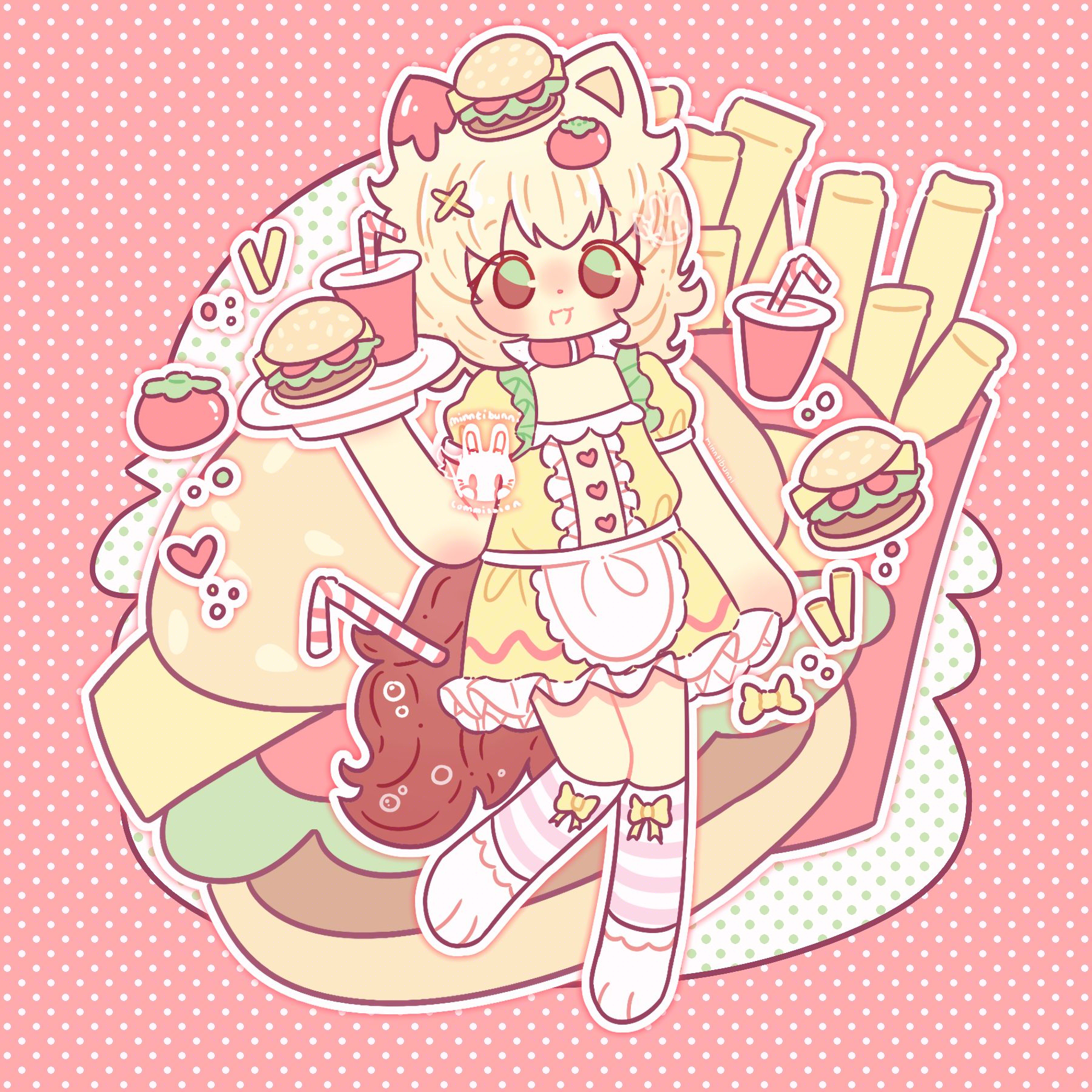 An illustration of pl1ushie's (on ToyHouse) kemonomimi character. They are holding a plate with a burger and drink on it. There is a large burger and pack of fries behind them. They are surrounded by fries tomatoes, burgers, drinks, bows and hearts.