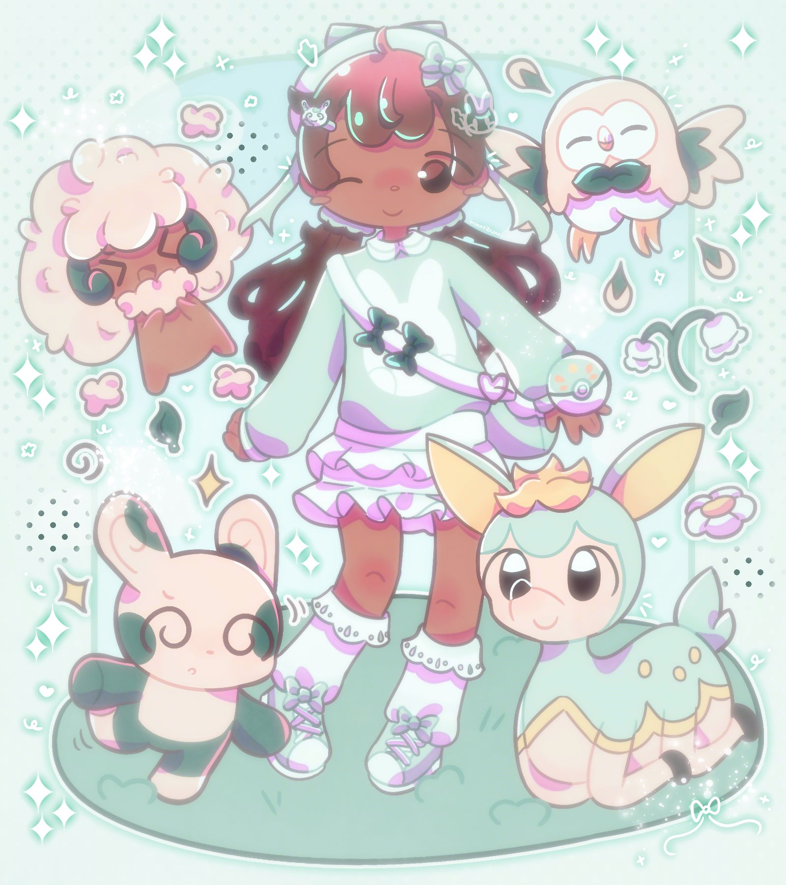 An illustration of the mayor holding a Poké Ball towards the viewer. She is surrounded by different Pokémon (a shiny Spinda, a Deerling in its Summer form, a Rowlet and a Whimsicott) and leaves, flowers, cotton balls and feathers. There are many sparkles and doodles around her.
