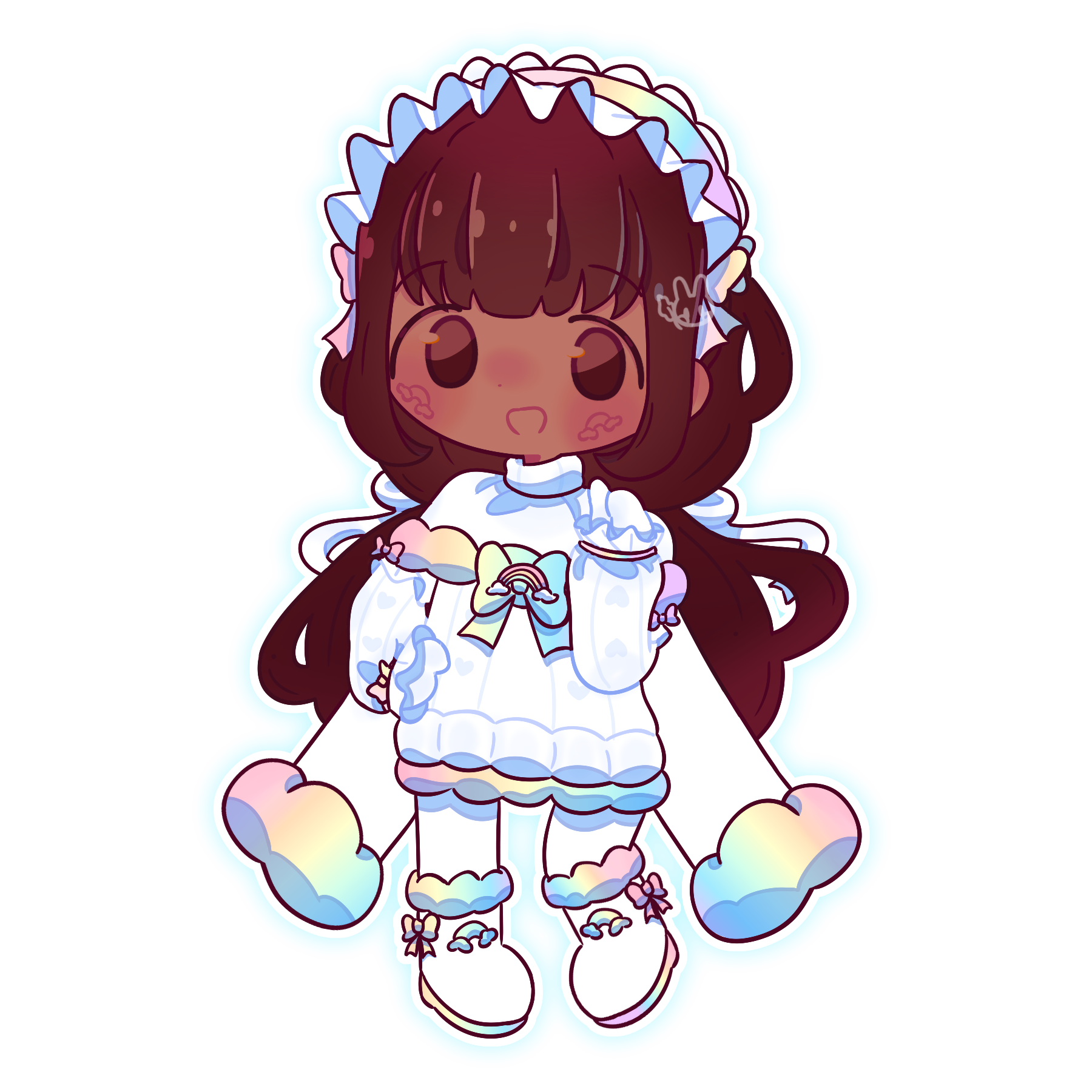 An illustration of a girl pointing at herself with her thumb and having her other hand rest on her hip drawn in chibi style.