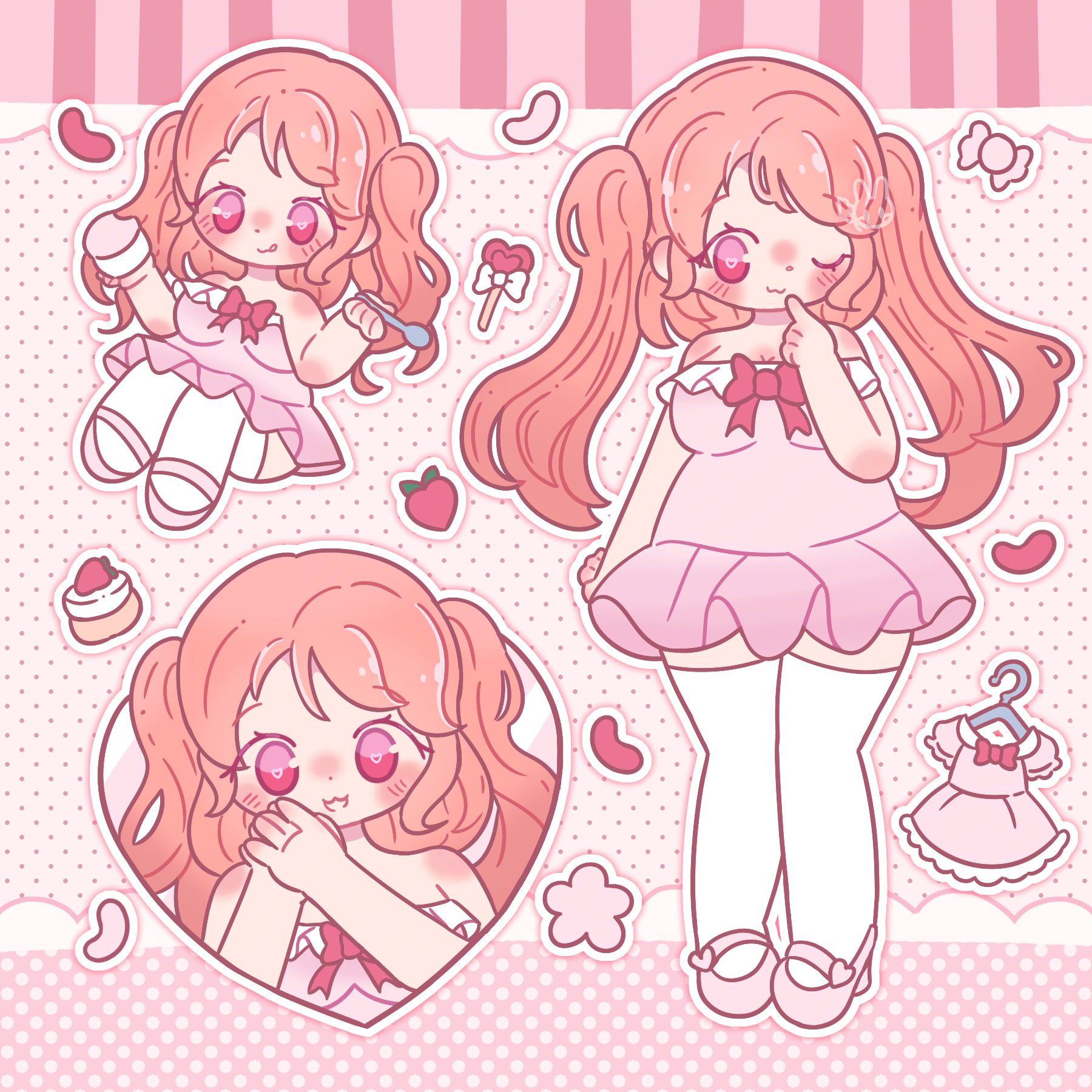 An illustration of pinkpeachfairy's (on ArtFight) original character Rosie. They are holding pointing to themself while winking. They are surrounded by various sweets and snacks and a dress on a hanger. There is a chibi version of them eating pink ice cream out of a tub and a headshot of them holding their hands together.