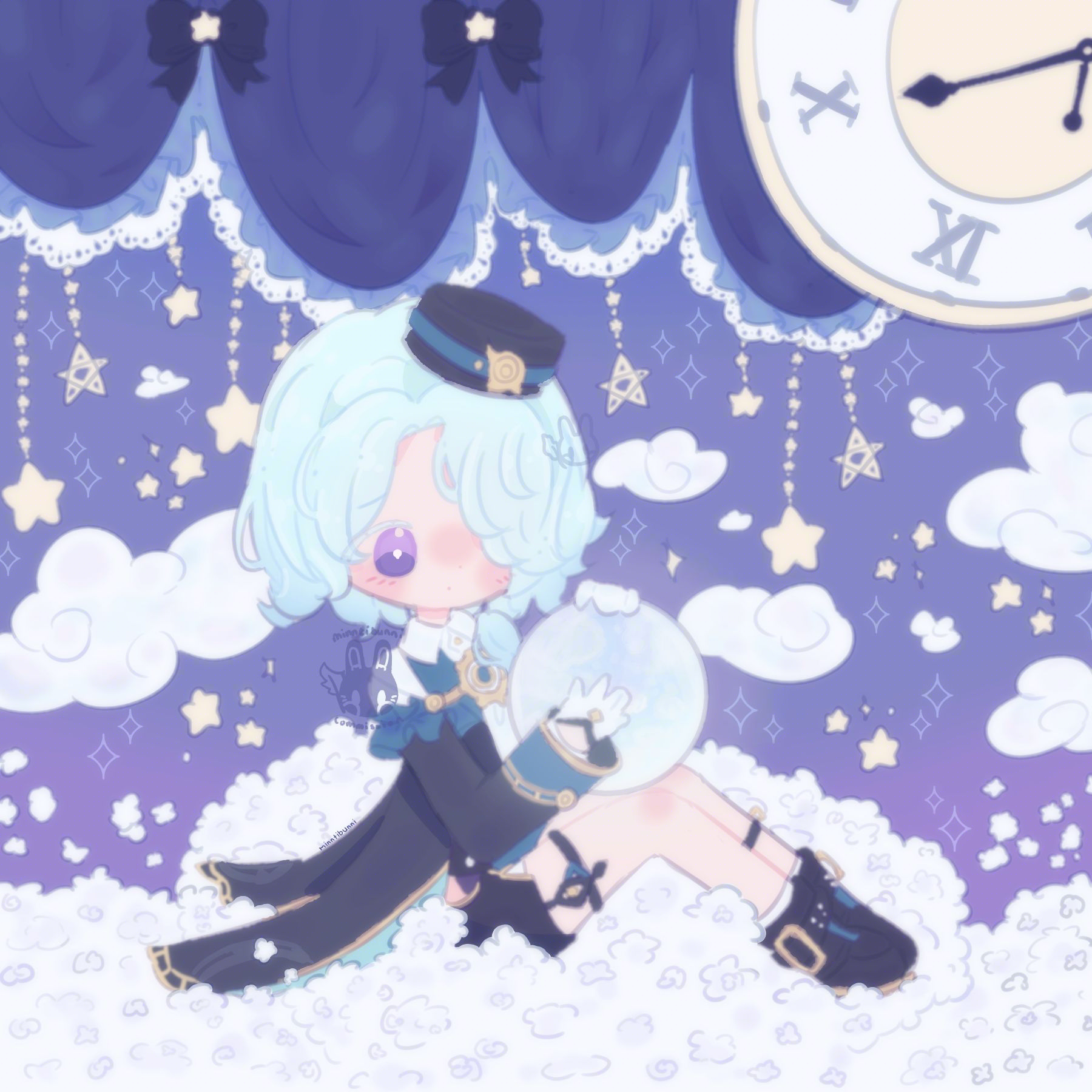 An illustration of 'Misha' from the video game 'Honkai: Star Rail'. He is holding a moon in his hands and is sitting on a white flowerbed.