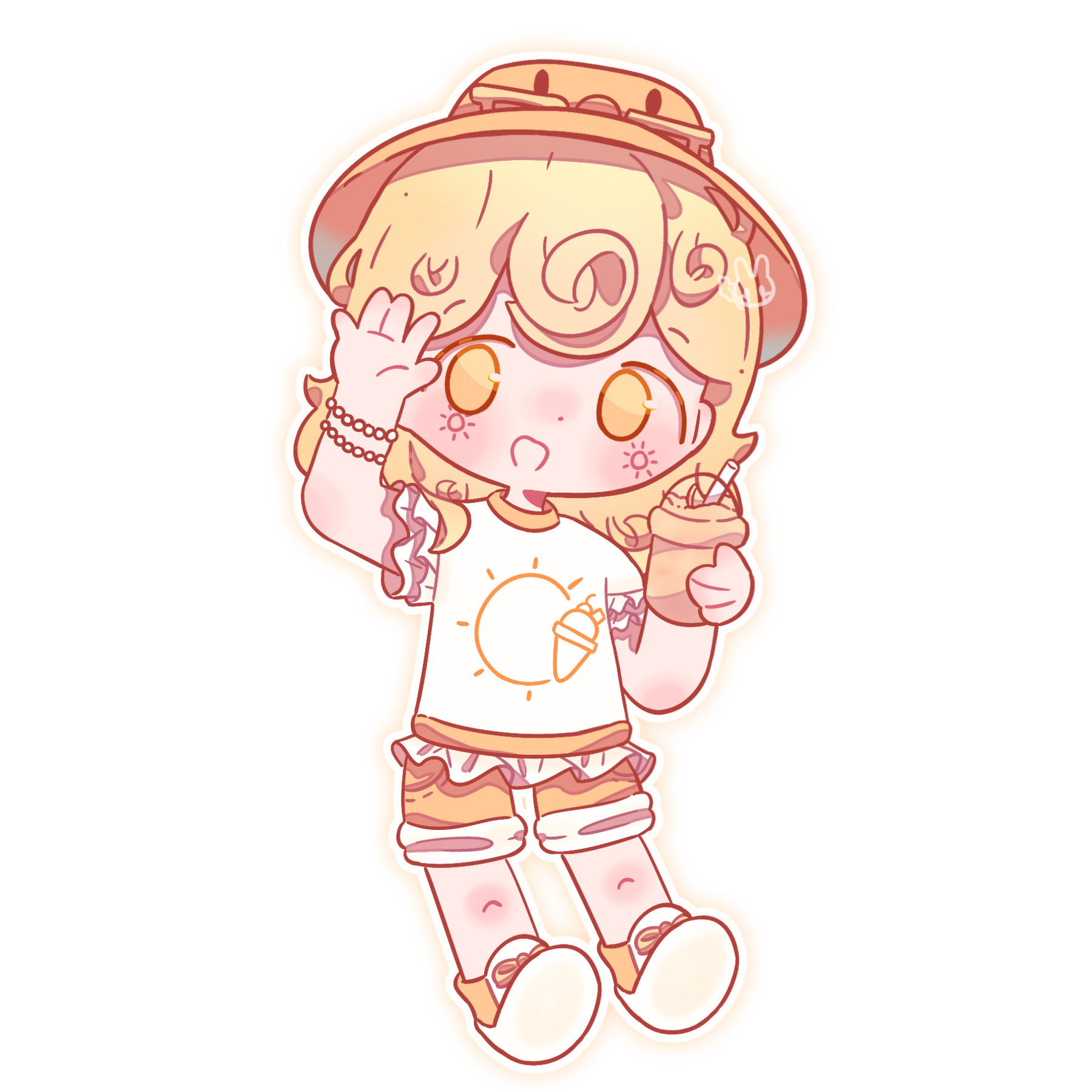 An illustration of a girl waving at the viewer and holding a yellow drink in her other hand drawn in chibi style.
