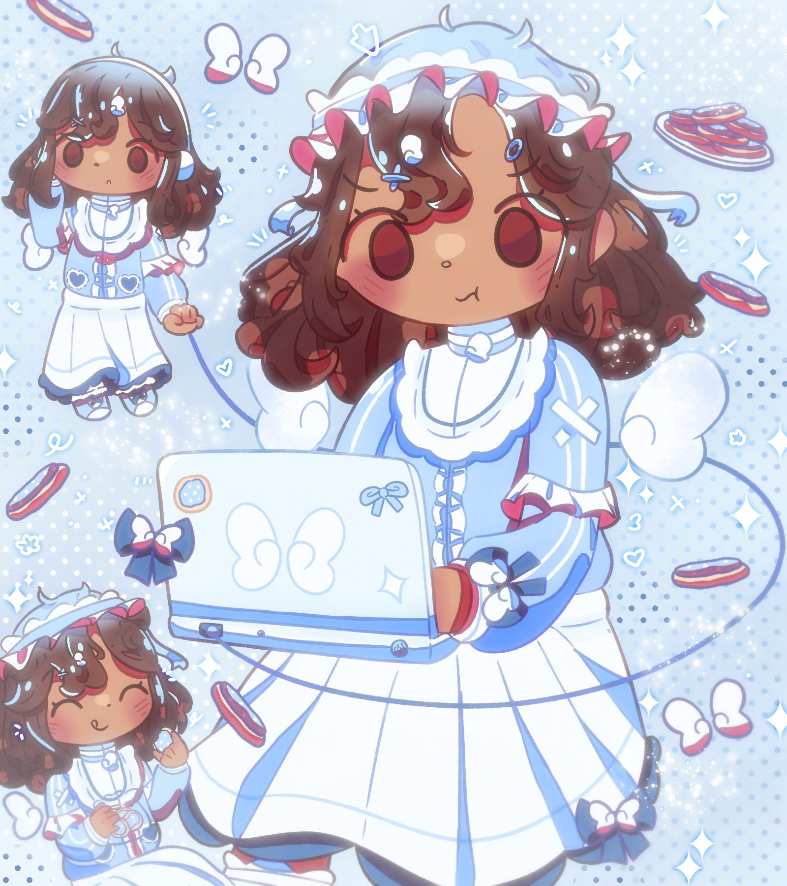 An illustration of a girl playing on her laptop. She has a mildly disturbed expression on her face. There are chibi versions of her to her left, one of them is listening to music on her headphones while the other is eating some biscuits. She isurrounded by angel wings, bows with angel wings on them and biscuits. There are many sparkles and doodles around her.