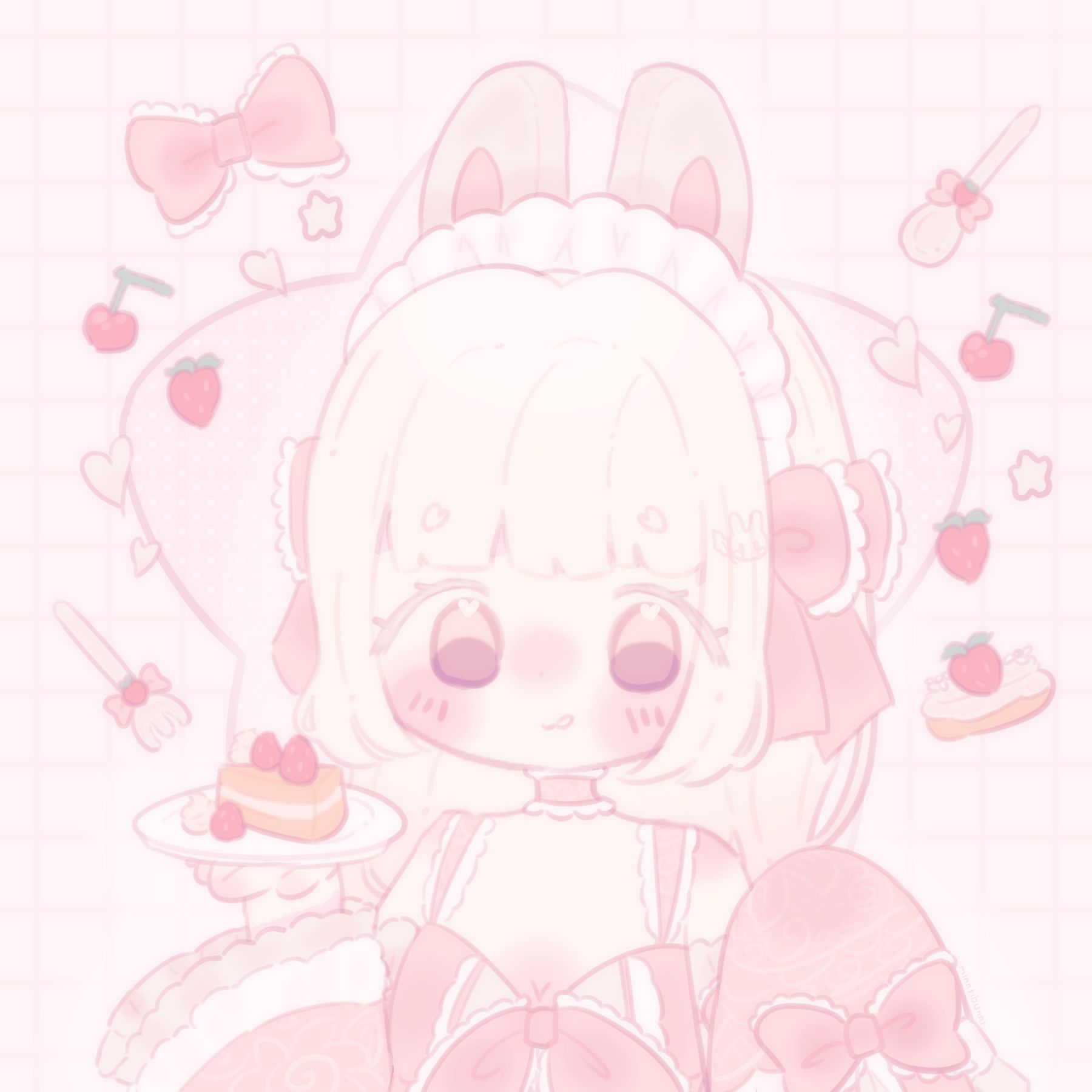 An illustration of raspberryspongecake's (on discord) character. They are sticking their tongue out while holding a plate with a cake on it. They are surrounded by cherries, strawberries, a fork and a spoon with a bow on it, a bow, stars and cherry blossom petals.
