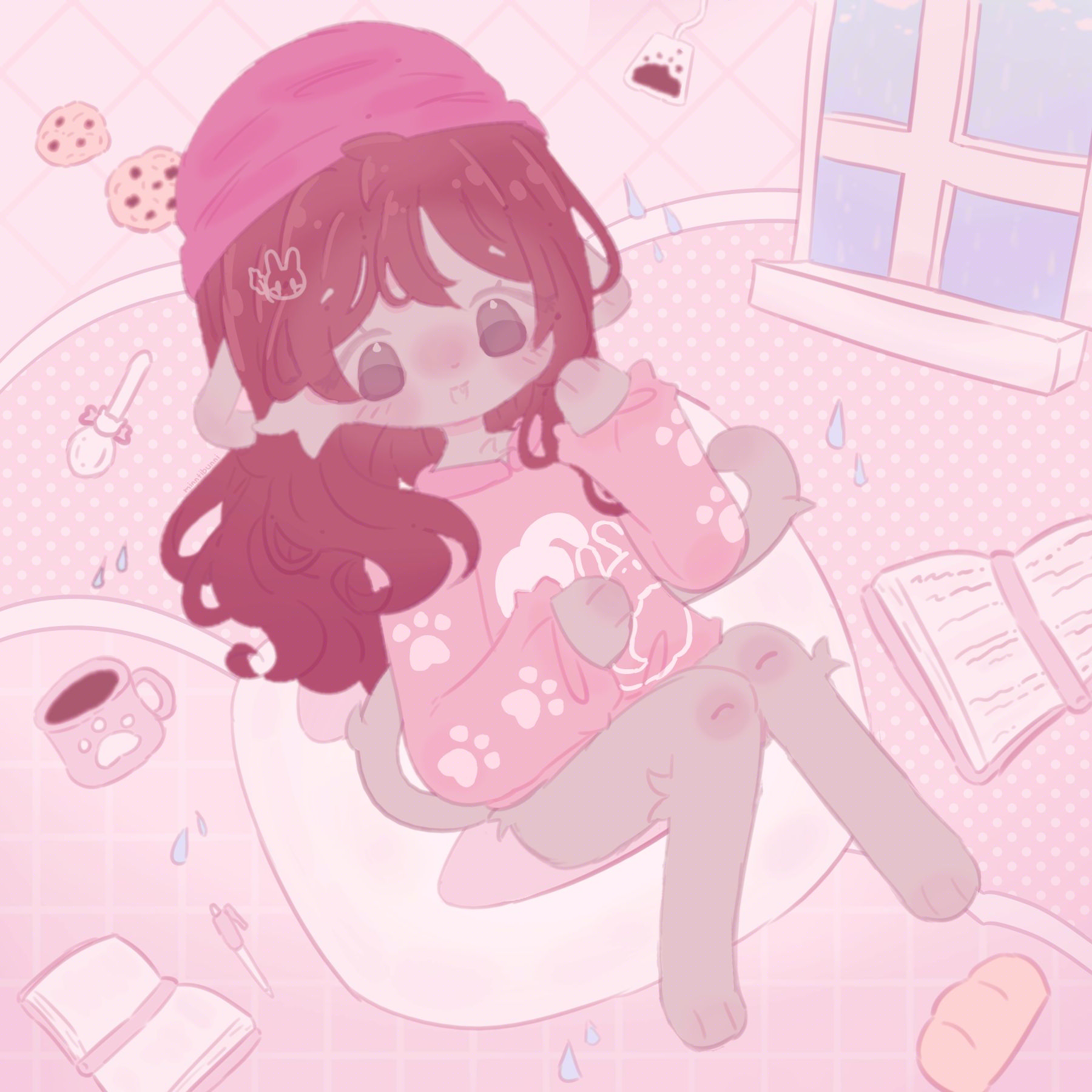 An illustration of usush's (on discord) character. They are sitting on a chair and have their paw up to their face and are smiling. They are surrounding by books, cookies and hot chocolate.