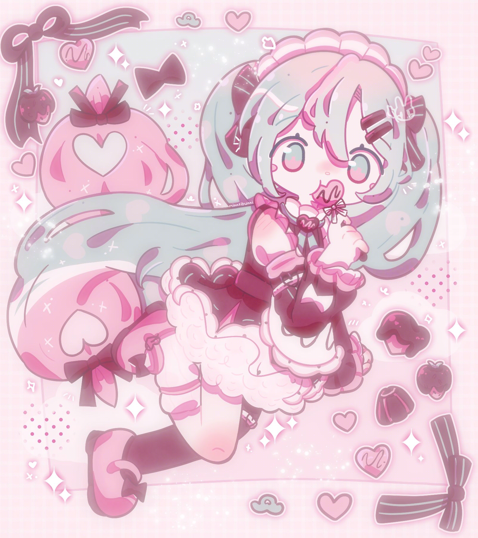 An illustration of the Vocaloid character Hatsune Miku wearing valentine themed clothes (designed by takawoyu on Tumblr) and sucking on a lollipop. She is surrounded by chocolate themed snacks and bows. There are many sparkles and doodles around her.
