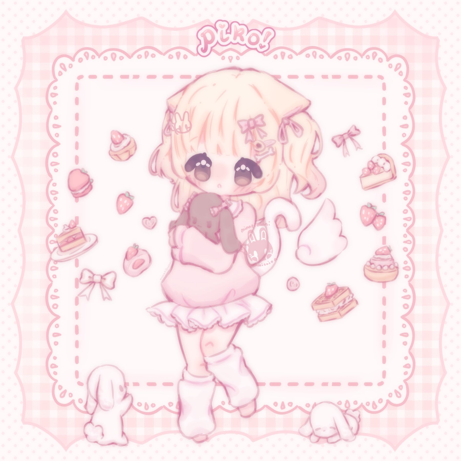 An illustration of Vicka's original character drawn in a chibi style. She is holding a bunny teddy and is looking up.