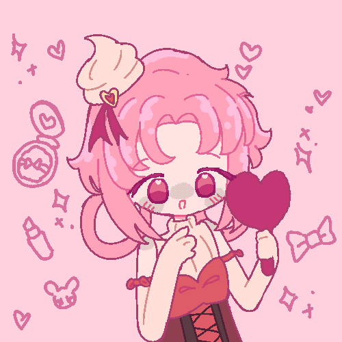 An animated GIF of a commissioner's original character drawn in a pixel style. They are holding a heart-shaped hand mirror up to their face.