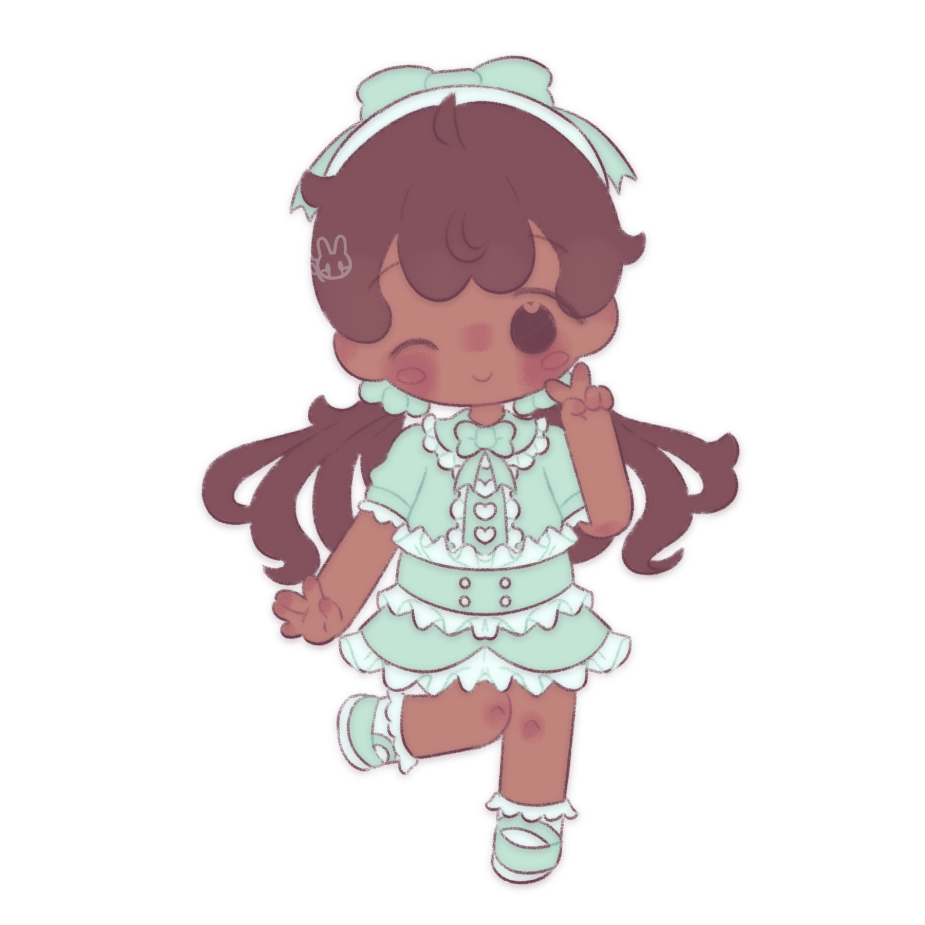 A chibi styled drawing of the mayor. She is winking and doing a peace sign.