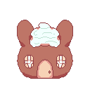 An image of a building shaped like a bunny head with whipped cream on top drawn in a pixel style.