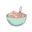 An image of a mixing bowl with batter inside being mixed with a whisk drawn in pixel style.